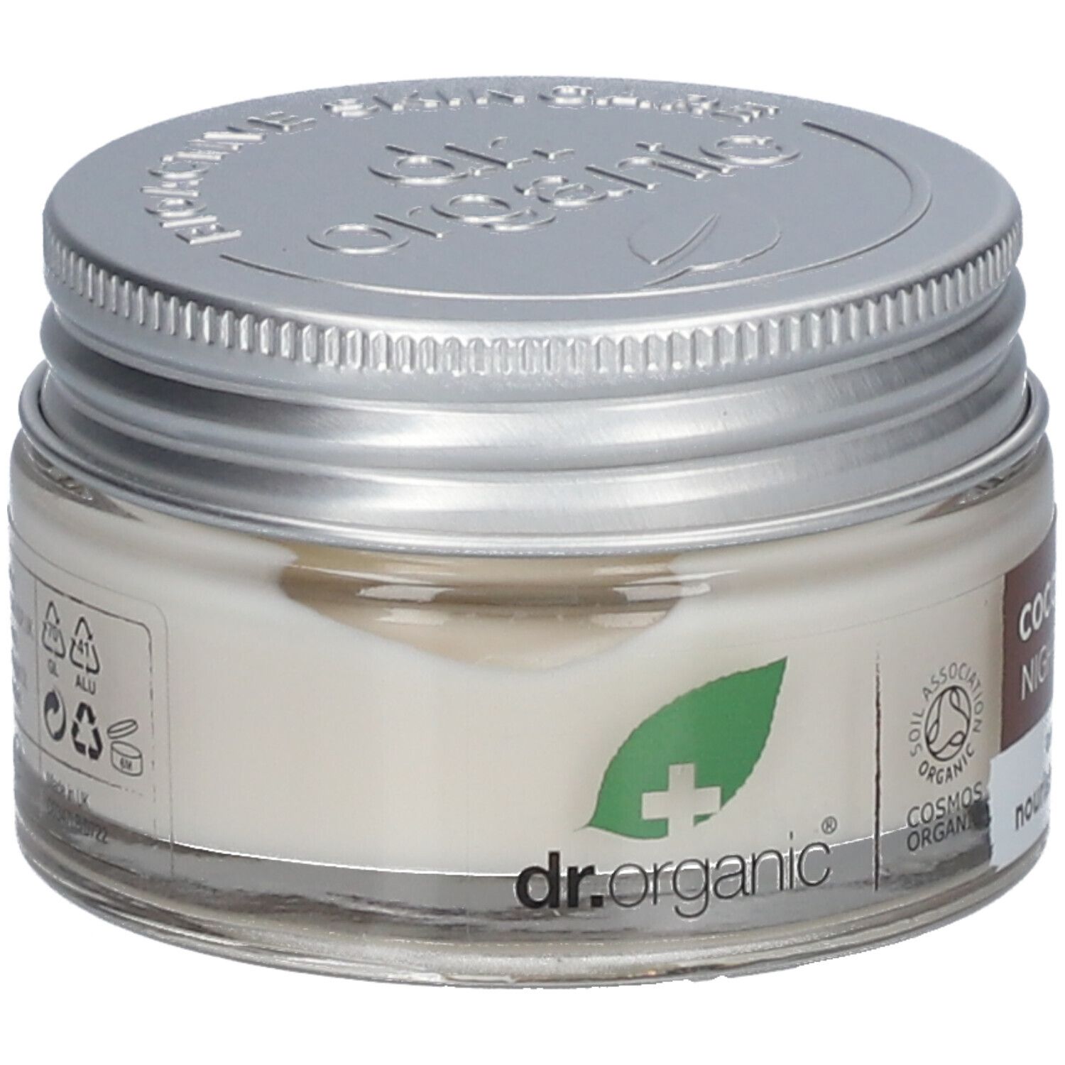 Creme-Glas mit silbernem Deckel. Aufschrift: dr.organic. Vegan-Siegel. Cosmos Organic-Zertifizierung. Grünes Blatt-Logo.