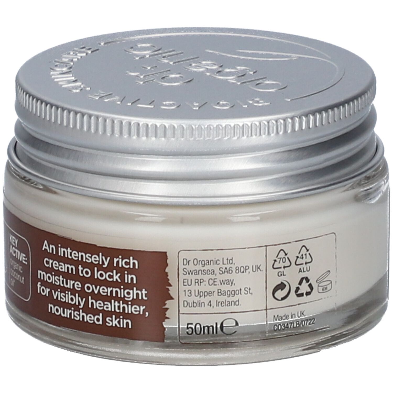 Creme-Glas mit silbernem Deckel. Aufschrift: dr.organic. Text: An intensely rich cream... für sichtbar gesündere Haut. 50ml.