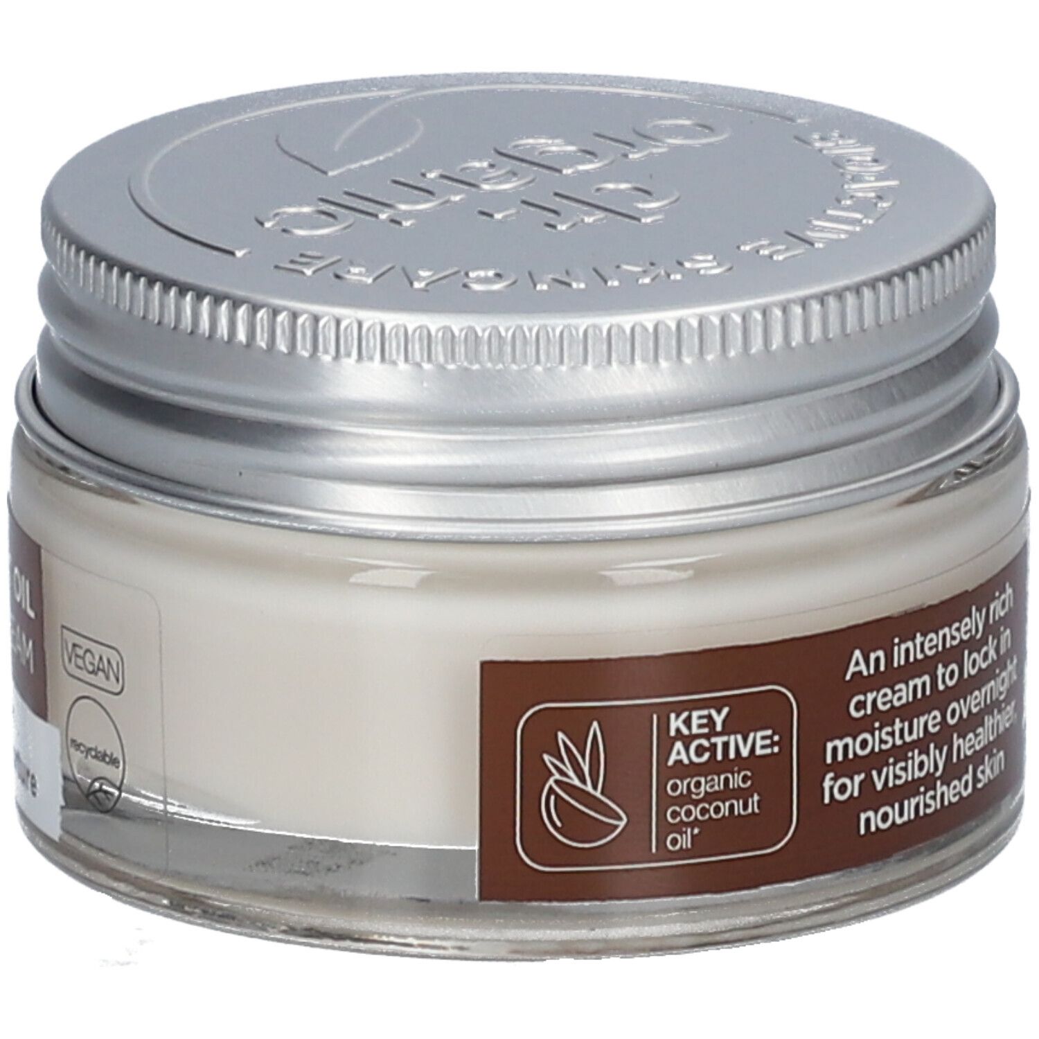 Creme-Glas mit silbernem Deckel. Aufschrift: dr.organic. Text: An intensely rich cream... für sichtbar gesündere Haut. Key Active: organic coconut oil.
