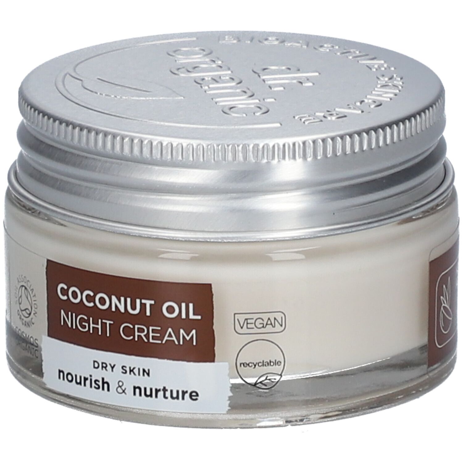 Creme-Glas mit silbernem Deckel. Aufschrift: Coconut Oil Night Cream, Dry Skin, nourish & nurture. Vegan-Siegel.