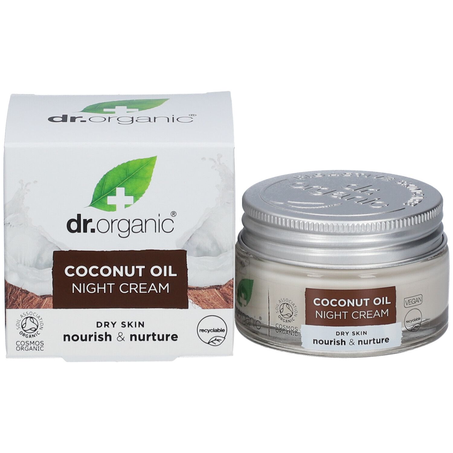 Creme-Glas und Schachtel. Aufschrift: dr.organic, Coconut Oil Night Cream, Dry Skin, nourish & nurture. Vegan-Siegel. Cosmos Organic-Zertifizierung.