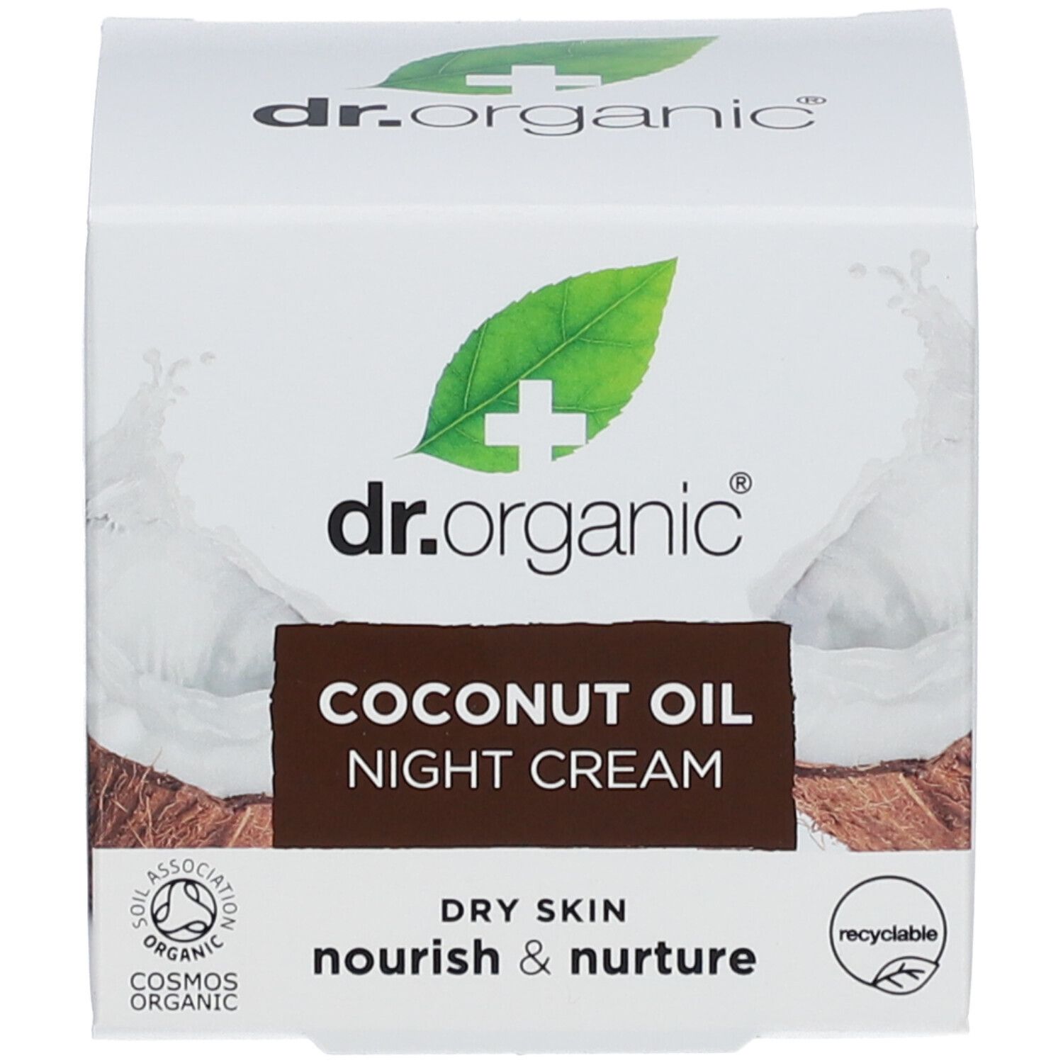Schachtel. Aufschrift: dr.organic, Coconut Oil Night Cream, Dry Skin, nourish & nurture. Vegan-Siegel. Cosmos Organic-Zertifizierung. Kokosnuss-Abbildung.