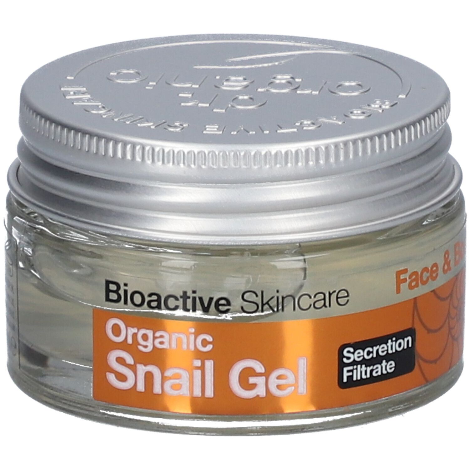 Pot en verre avec couvercle argenté. Inscription: Bioactive Skincare Organic Snail Gel. Étiquette orange avec texte et logo.