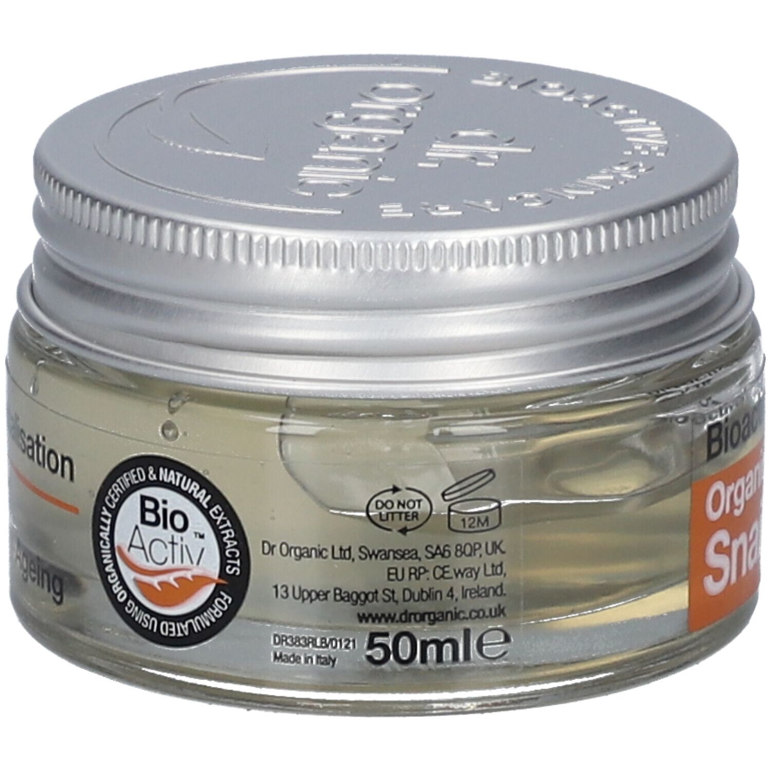 Pot en verre avec couvercle argenté. Inscription: Bioactive Skincare Organic Snail Gel. Étiquette orange avec texte et logo. 50ml.