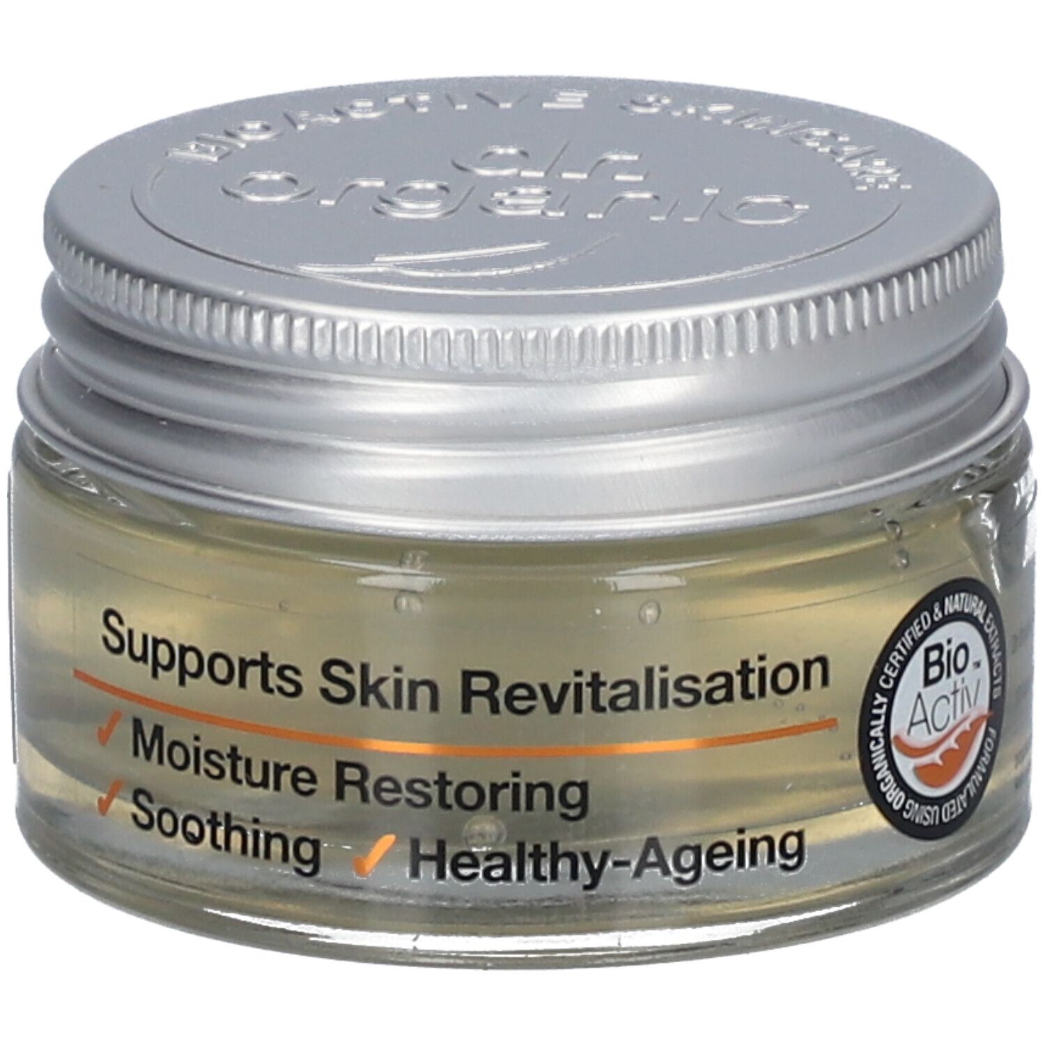 Pot en verre avec couvercle argenté. Inscription: Bioactive Skincare Organic Snail Gel. Texte: Supports Skin Revitalisation, Moisture Restoring, Soothing, Healthy-Ageing.