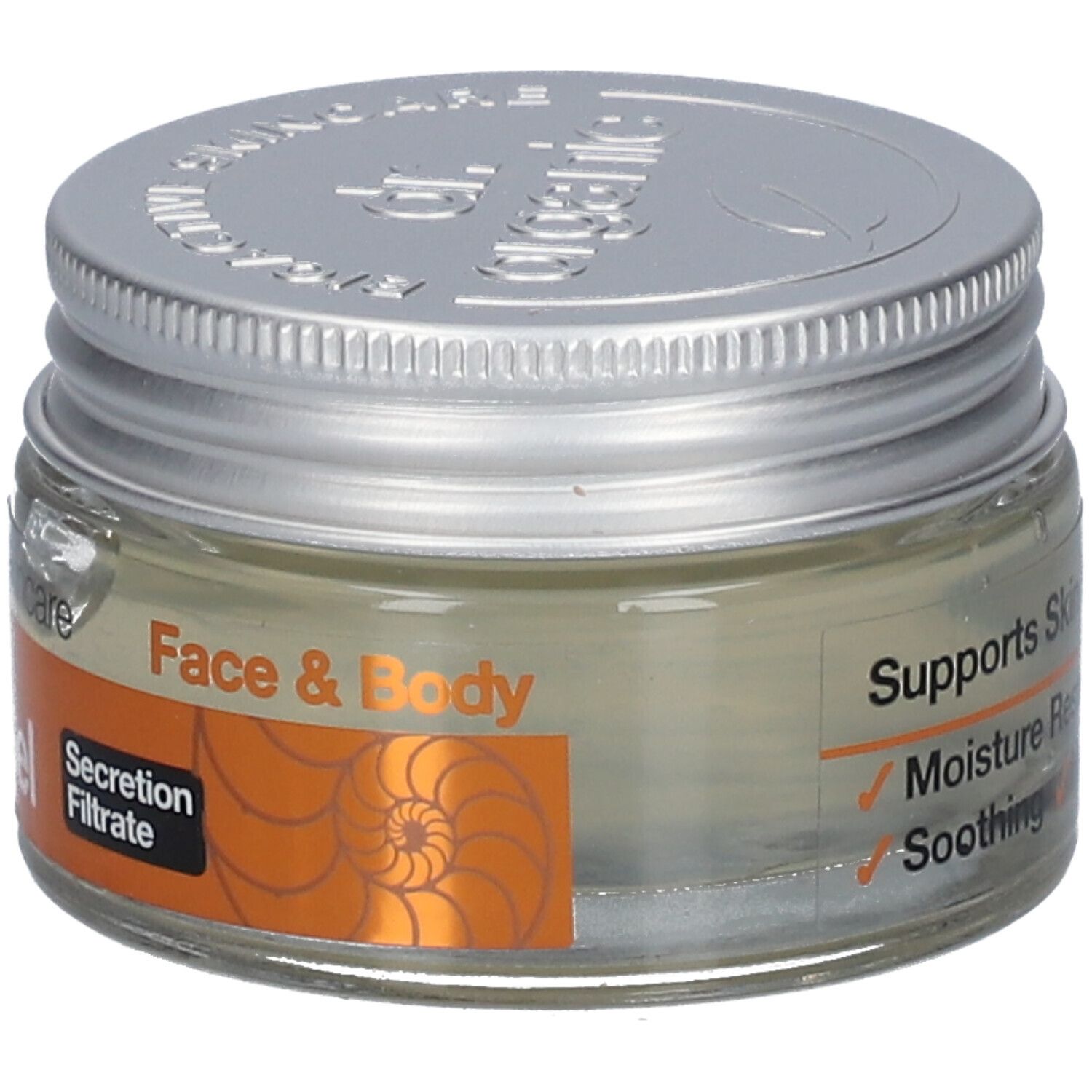 Pot en verre avec couvercle argenté. Inscription: Face & Body. Inscription: Bioactive Skincare Organic Snail Gel. Étiquette orange.