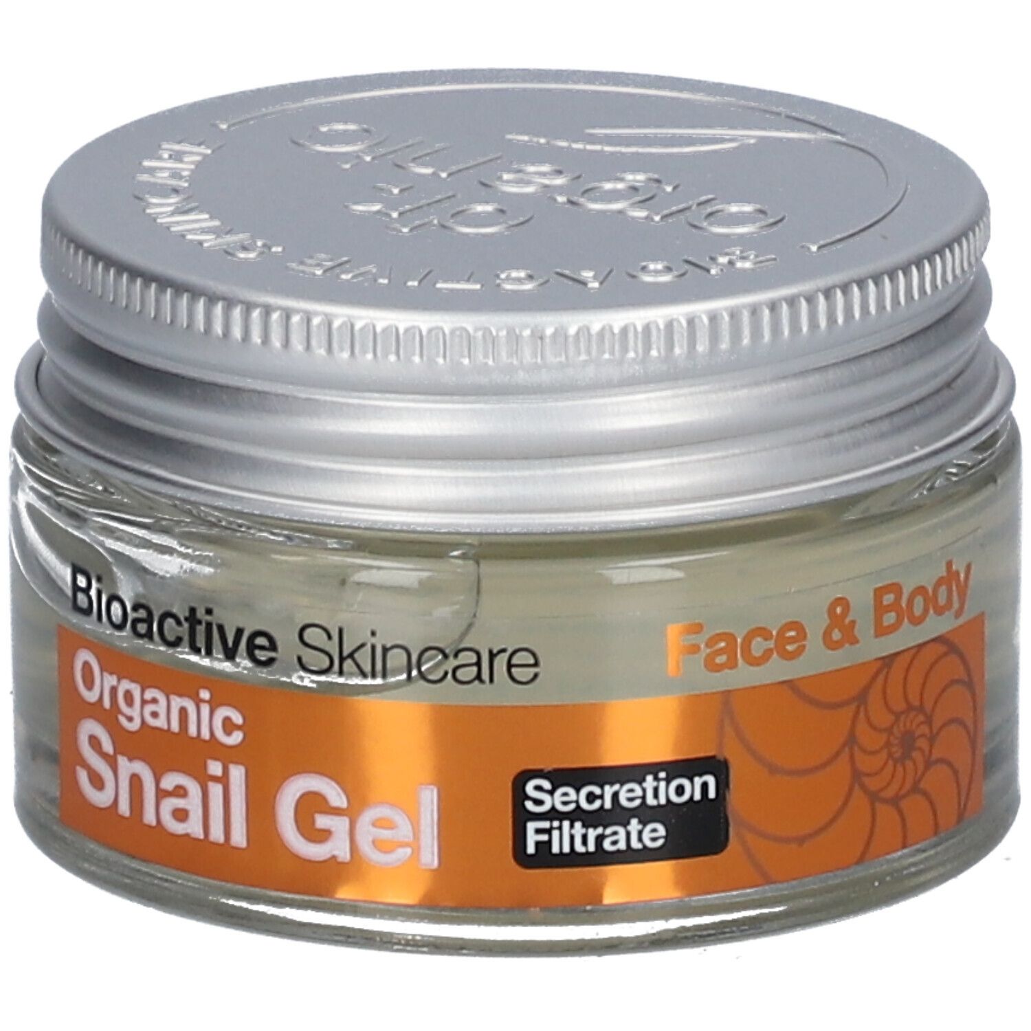 Pot en verre avec couvercle argenté. Inscription: Bioactive Skincare Organic Snail Gel. Étiquette orange avec texte. Face & Body.