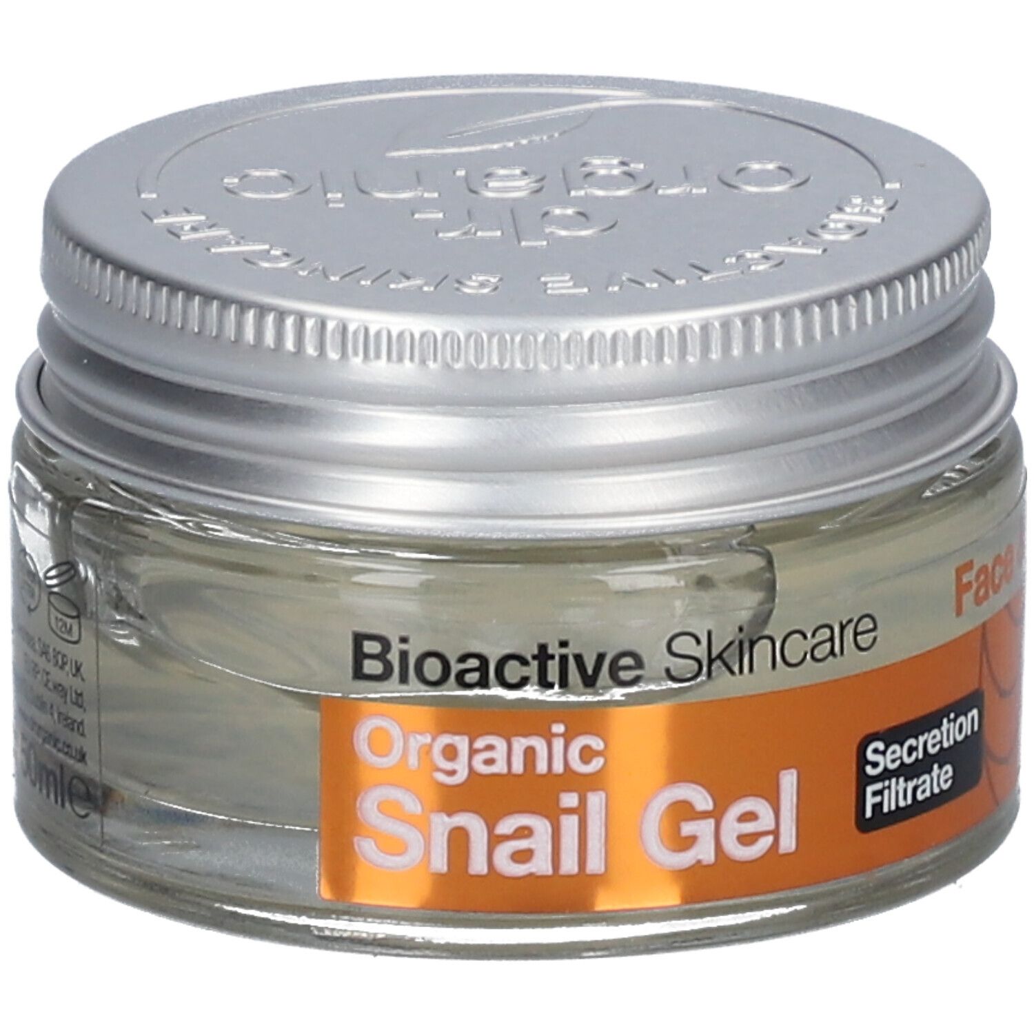 Pot en verre avec couvercle argenté. Inscription: Bioactive Skincare Organic Snail Gel. Étiquette orange avec texte. Face & Body. 50ml.