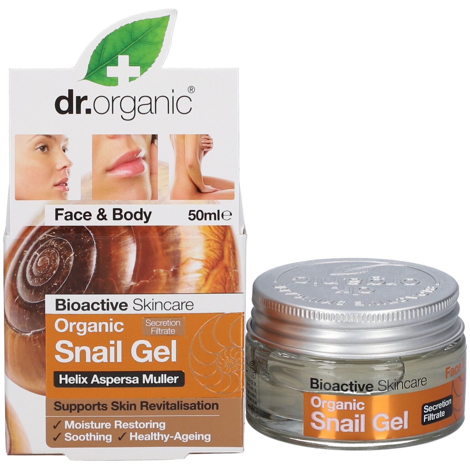 Emballage du produit et pot. Emballage: dr.organic® Organic Snail Gel. Pot: Bioactive Skincare Organic Snail Gel. Face & Body. 50ml.