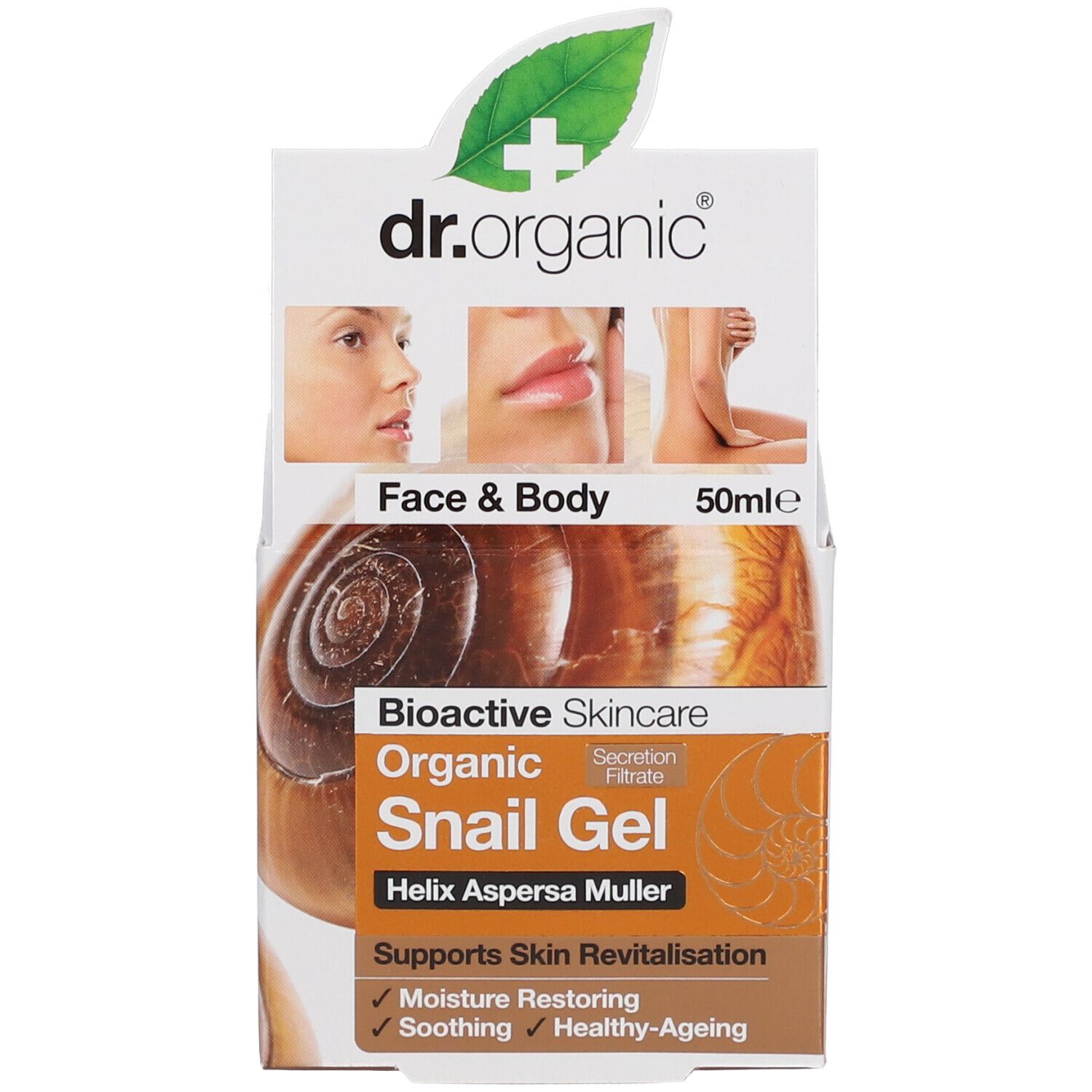 Emballage du produit. Inscription: dr.organic® Organic Snail Gel. Bioactive Skincare. Face & Body. 50ml. Texte: Supports Skin Revitalisation.