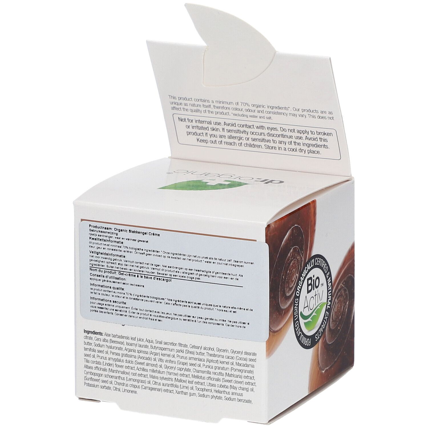 Rückseite der geöffneten Verpackung von dr.organic® Snail Gel Cream. Text mit Inhaltsstoffen und Anwendungshinweisen.