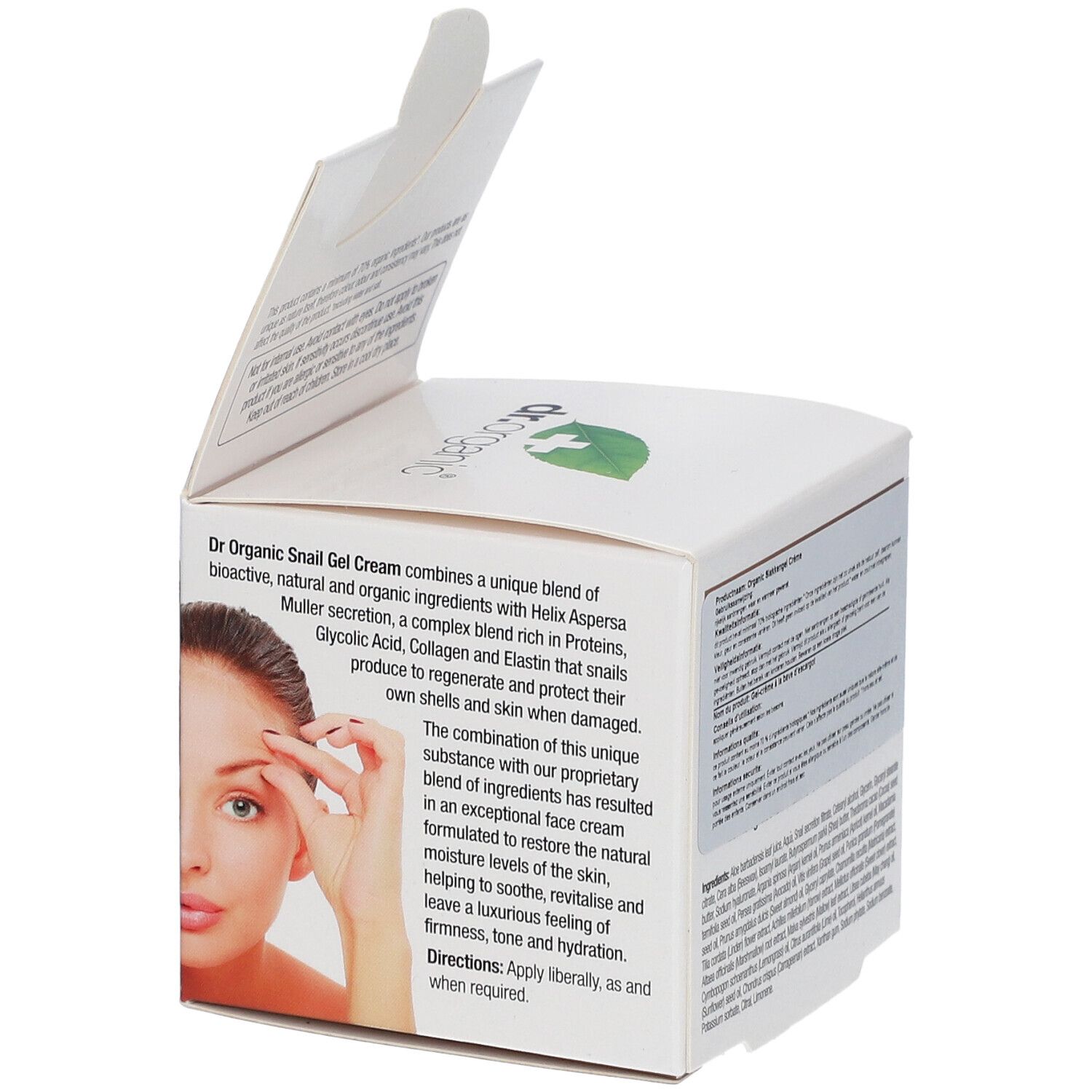 Geöffnete Verpackung von dr.organic® Snail Gel Cream. Text über die Inhaltsstoffe und Anwendung. Bio Activ-Siegel.