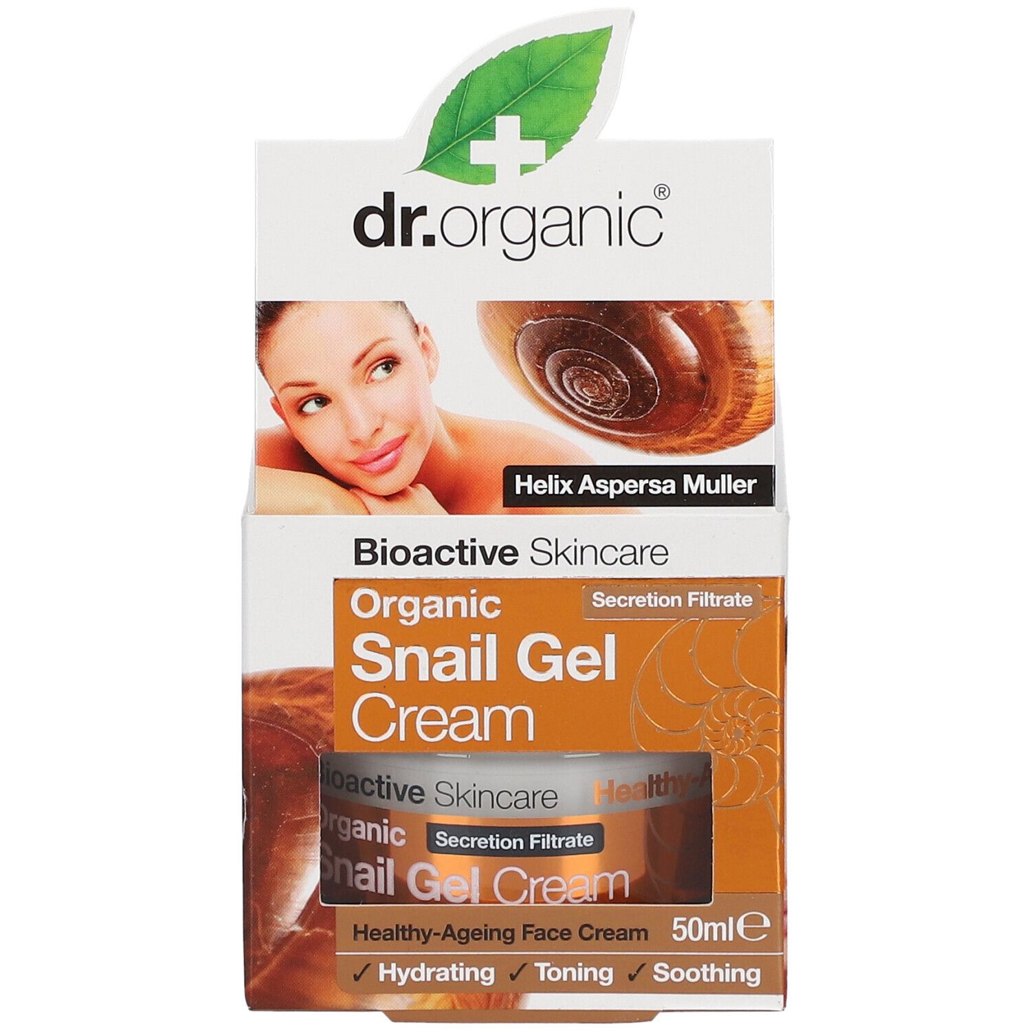 Verpackung von dr.organic® Snail Gel Cream. Weißer Karton mit Produktbildern und Text. Enthält eine Creme in einem Glasbehälter.