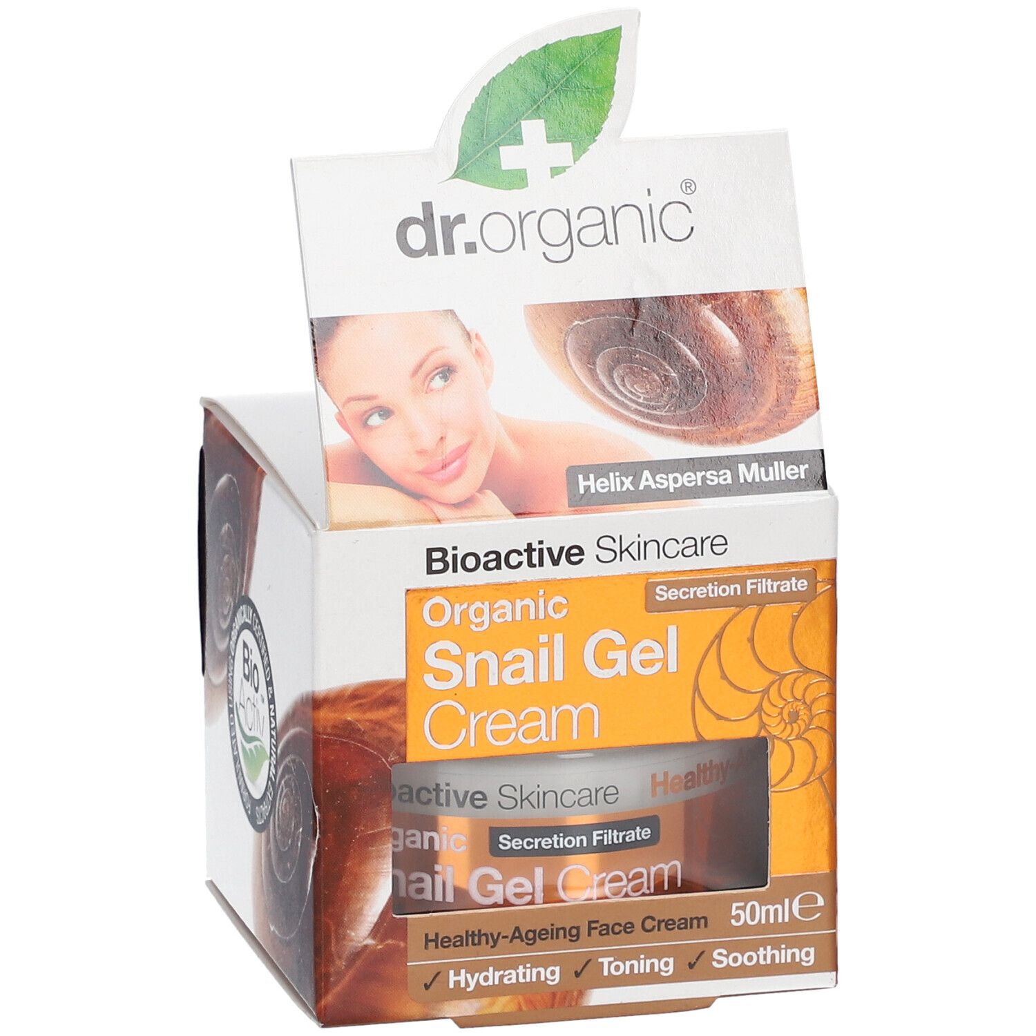 Geöffnete Verpackung von dr.organic® Snail Gel Cream. Auf der Verpackung sind Schnecken abgebildet. Bio Activ-Siegel.