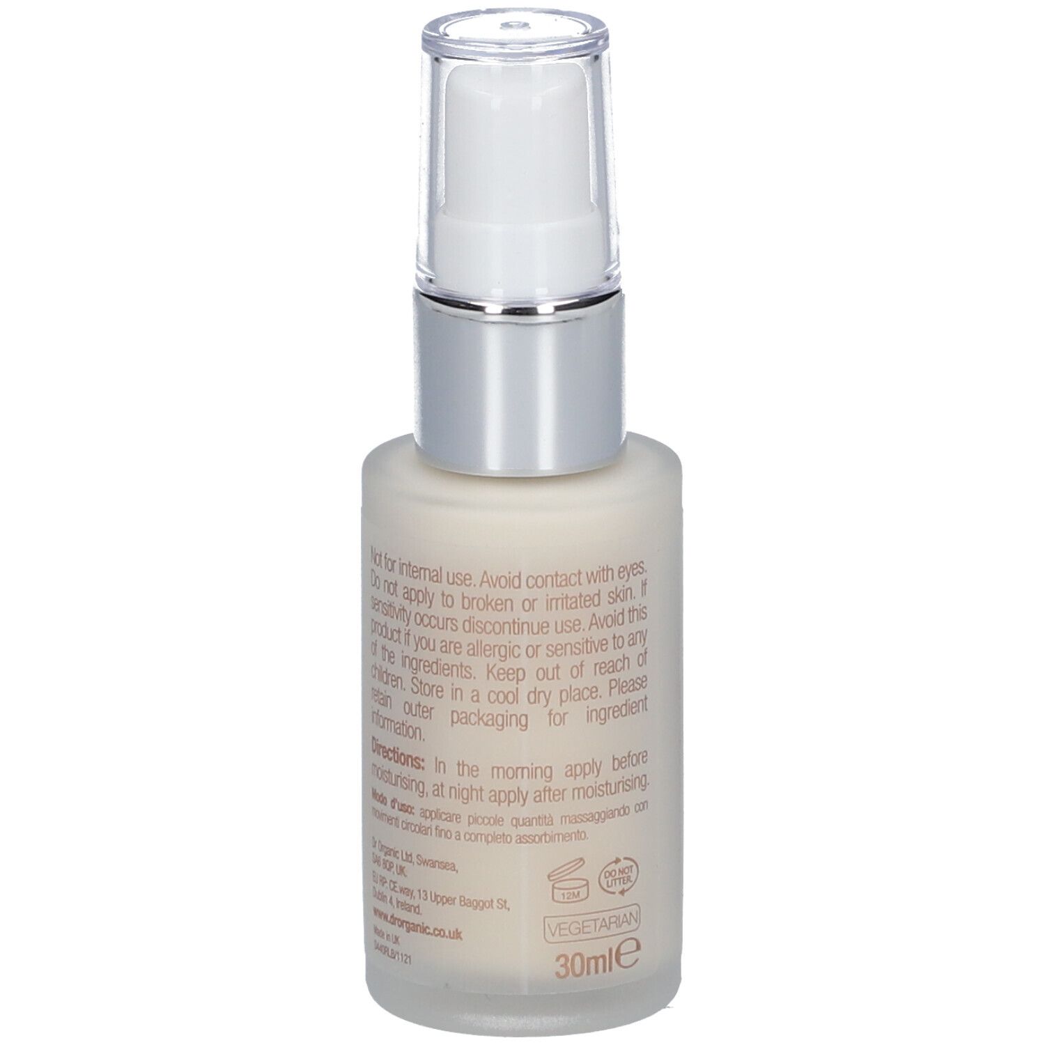 Rückseite einer Creme-Serum-Flasche mit Pumpe. Text: Anwendungshinweise, Inhaltsstoffe, 30ml. Vegan-Zertifizierung.