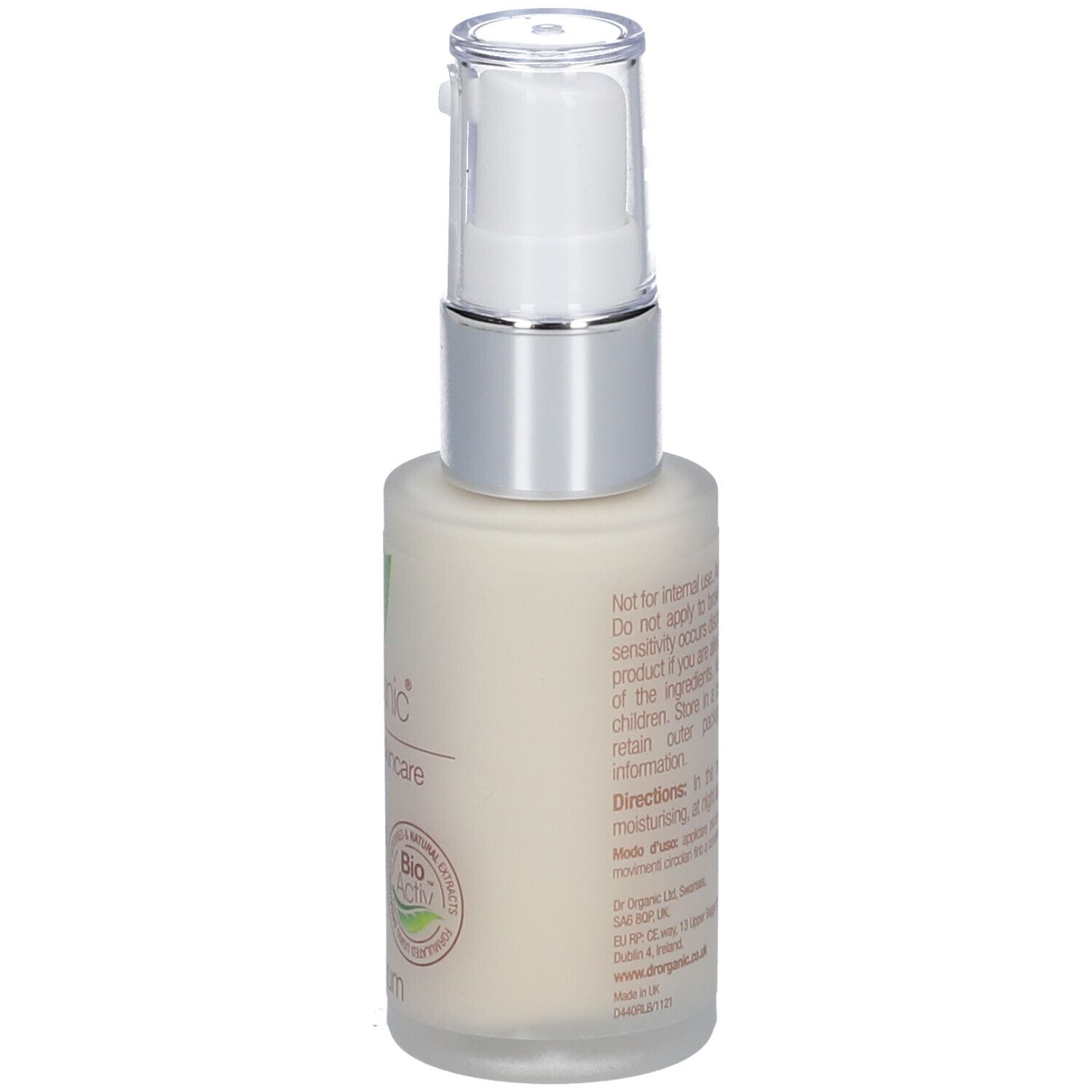 Rückseite einer Creme-Serum-Flasche mit Pumpe. Text: Anwendungshinweise, Inhaltsstoffe. Vegan-Zertifizierung.