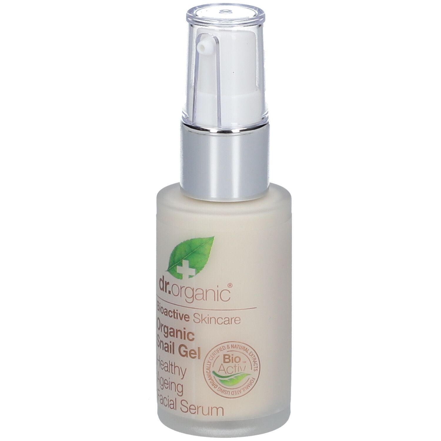 Creme-Serum-Flasche mit Pumpe. Aufschrift: Bioaktive Hautpflege, Organic Snail Gel, Healthy Ageing Facial Serum. Bio-Zertifizierung.