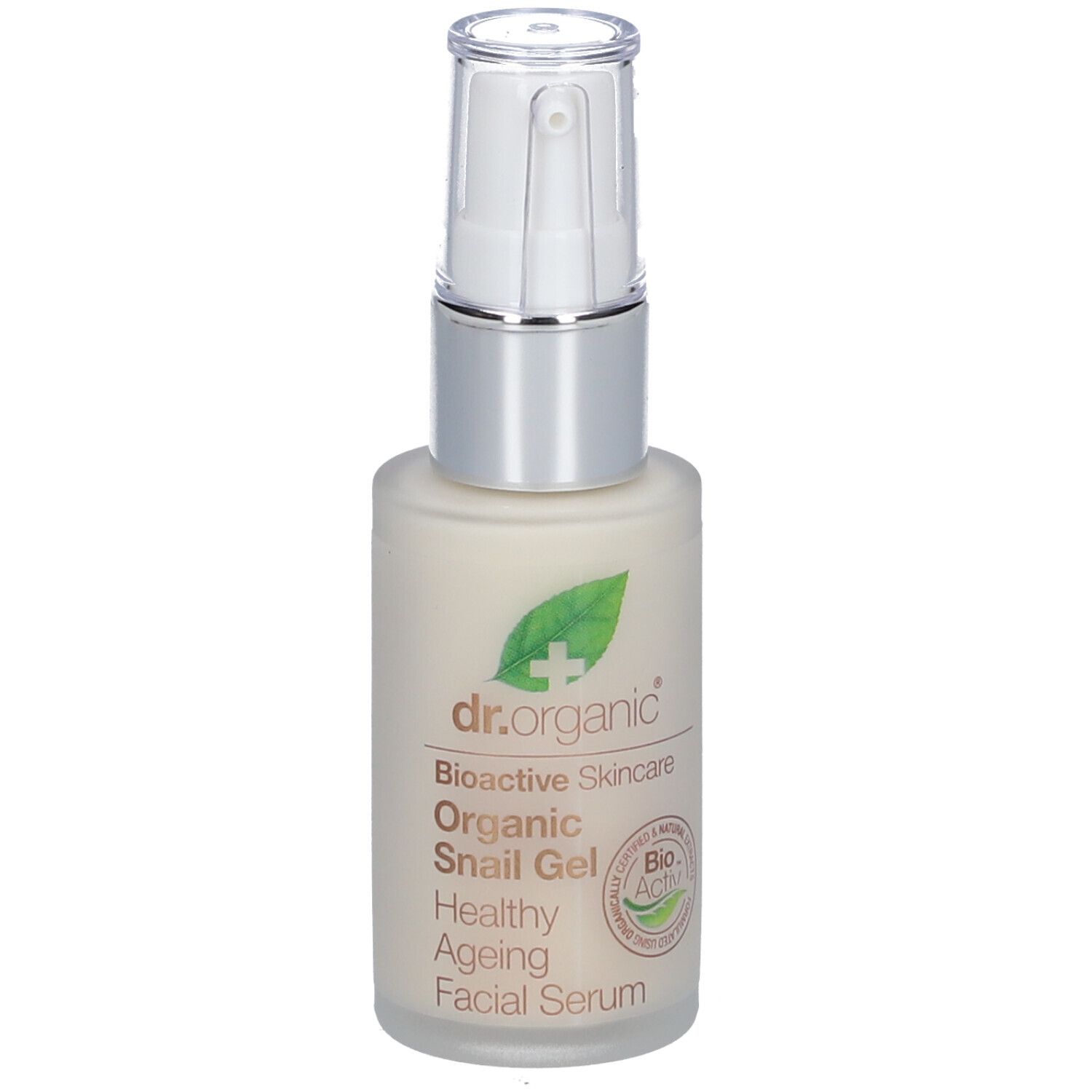 Creme-Serum-Flasche mit Pumpe. Aufschrift: Bioaktive Hautpflege, Organic Snail Gel, Healthy Ageing Facial Serum. Bio-Zertifizierung.