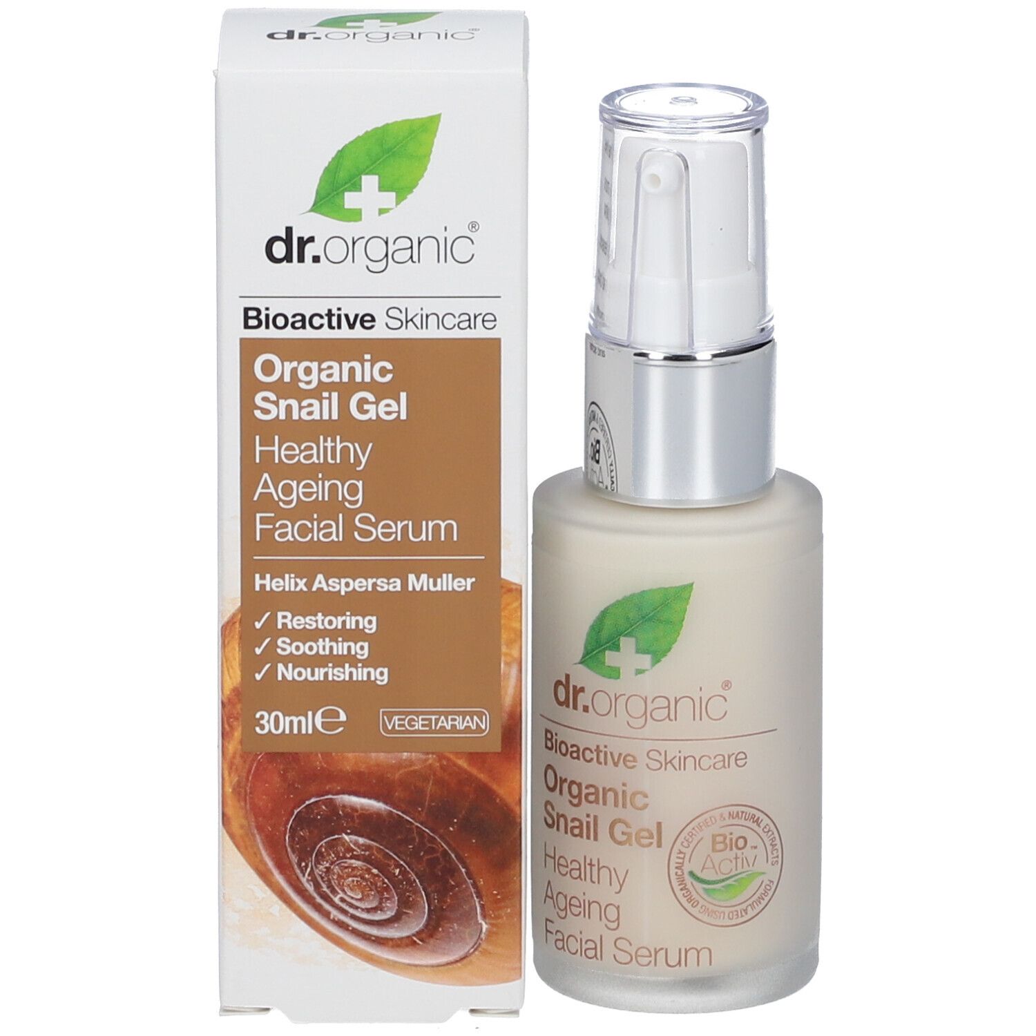 Produktverpackung und Flasche. Aufschrift: Bioaktive Hautpflege, Organic Snail Gel, Healthy Ageing Facial Serum. 30ml. Vegan.