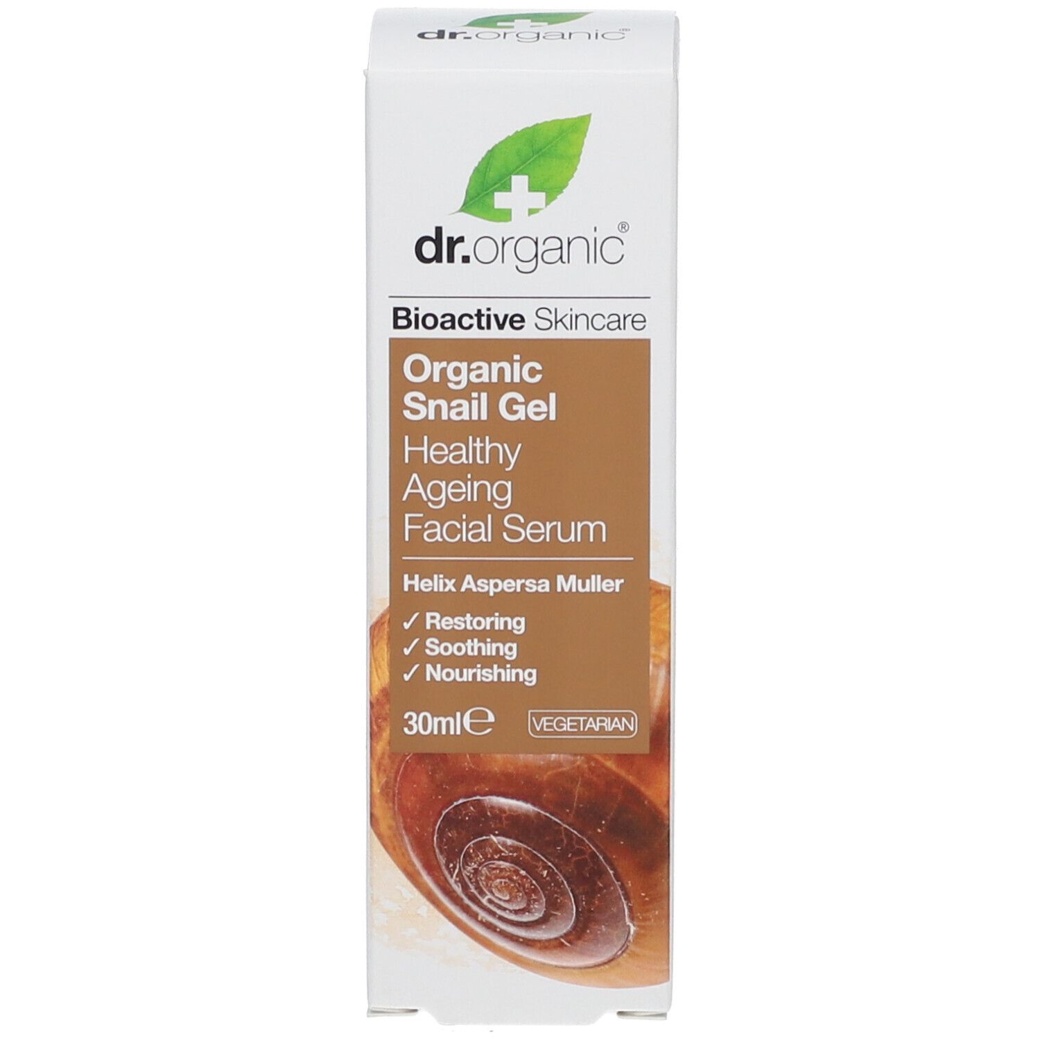 Produktverpackung. Aufschrift: Bioaktive Hautpflege, Organic Snail Gel, Healthy Ageing Facial Serum. 30ml. Vegan.