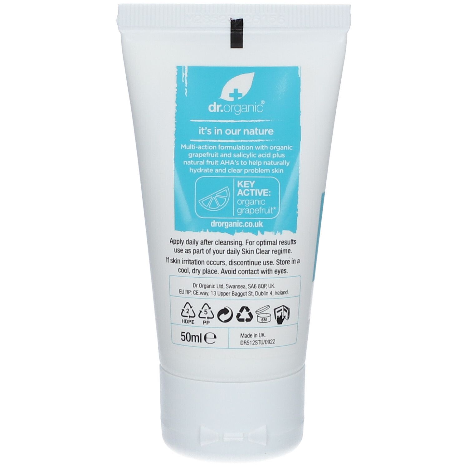 Dos du tube. Zone bleue avec texte et logo. Texte: dr.organic. Key Active: organic grapefruit. Symboles de recyclage. 50ml.