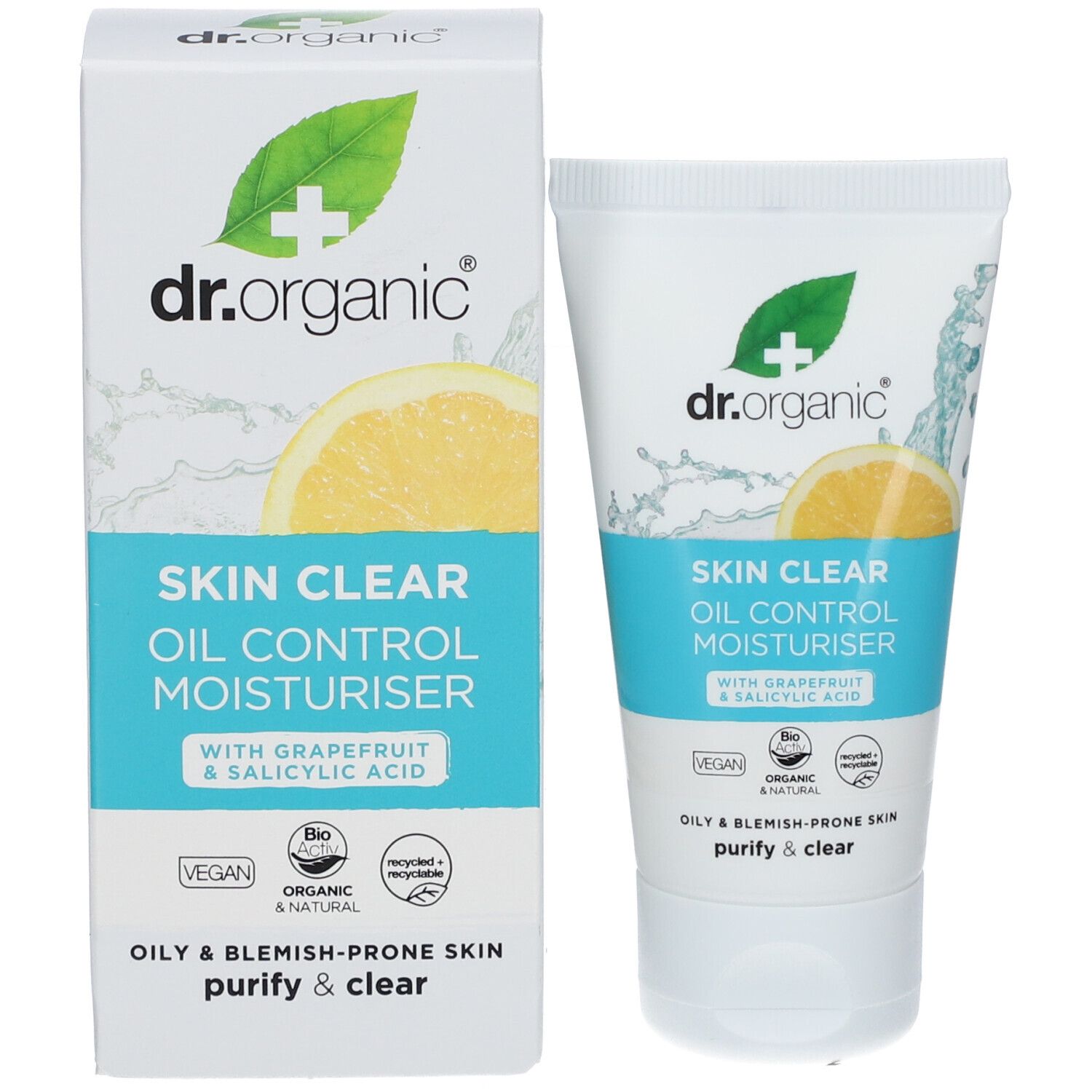 Emballage du produit et tube côte à côte. Emballage: blanc avec bande bleue. Tube: blanc avec bande bleue. Les deux: Skin Clear Oil Control Moisturiser.