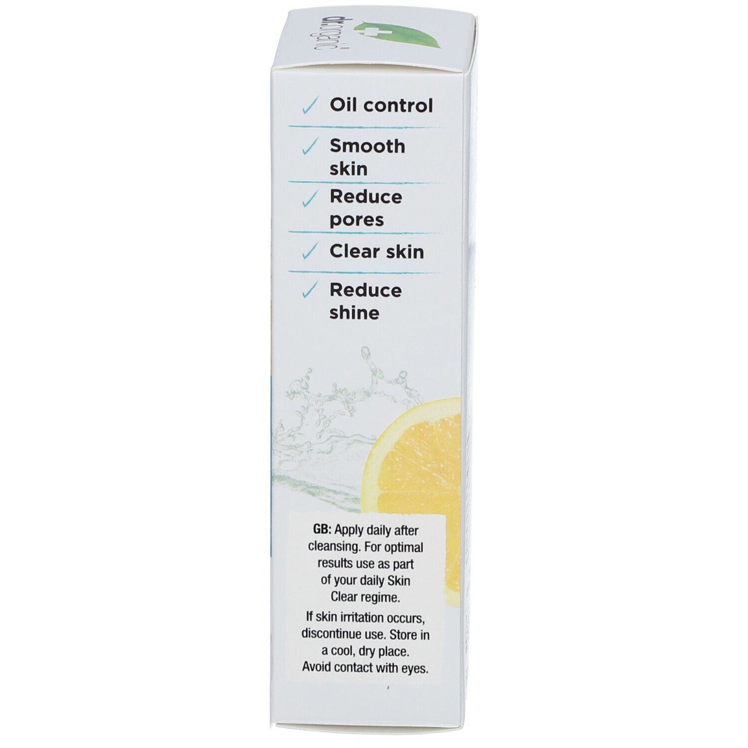 Côté de l'emballage du produit. Texte: Oil control, Smooth skin, Reduce pores, Clear skin, Reduce shine. Instructions en anglais.