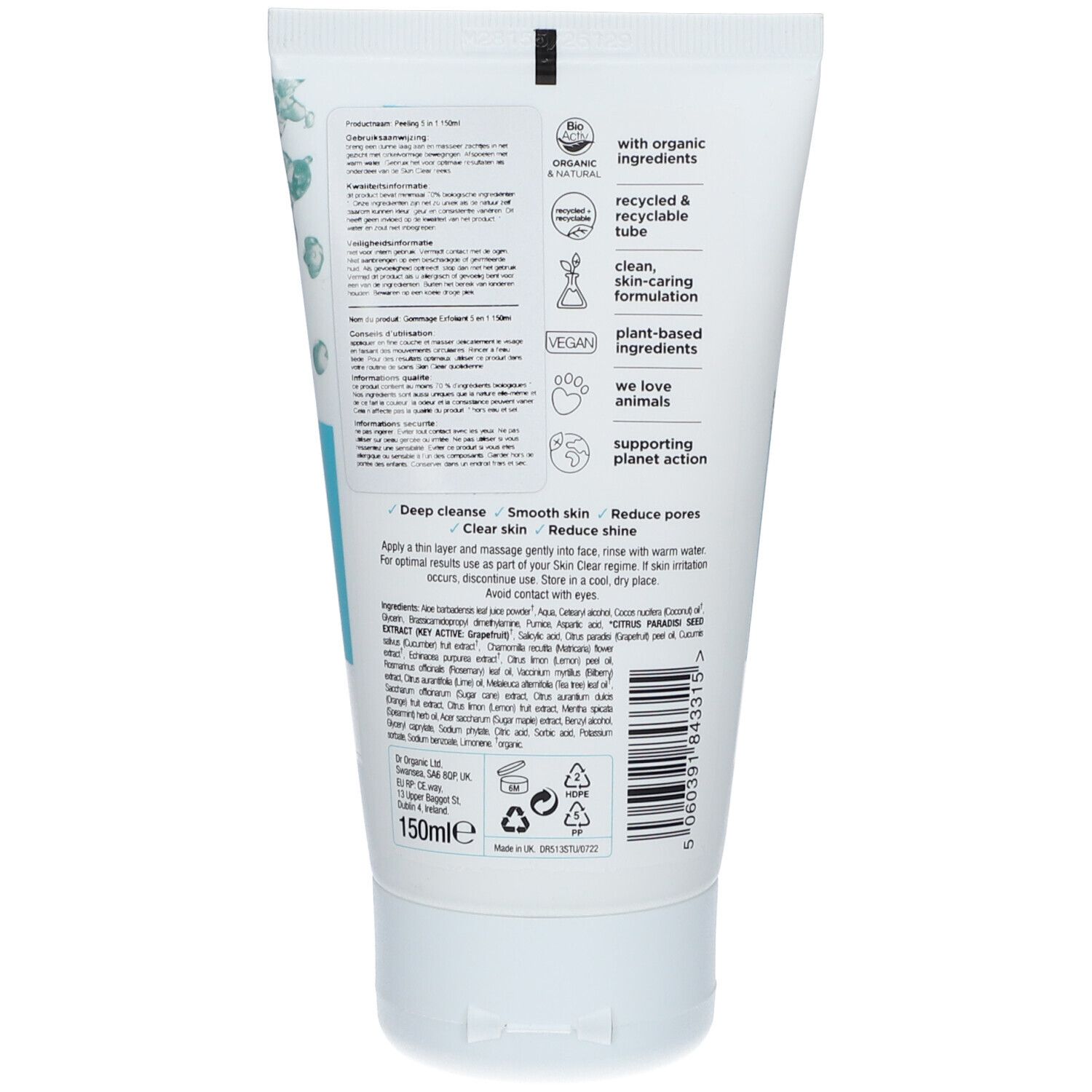 Dos du tube. Texte: avec ingrédients biologiques, tube recyclable, végétalien, ingrédients végétaux, soutient les actions.