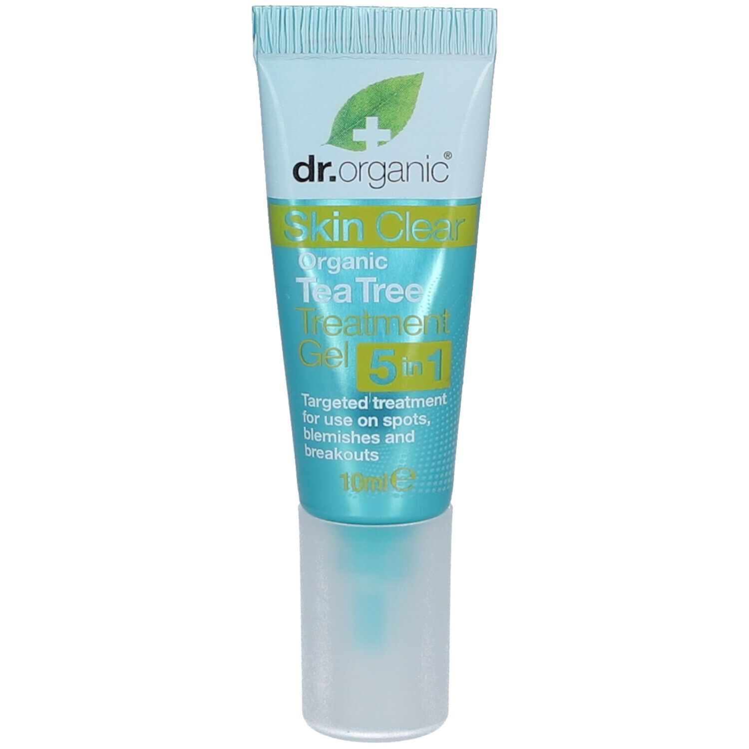Huidverzorgingsgel tube. Lichtblauw, wit en groen. Opschrift: dr.organic Skin Clear Organic Tea Tree Treatment Gel 5 in 1.