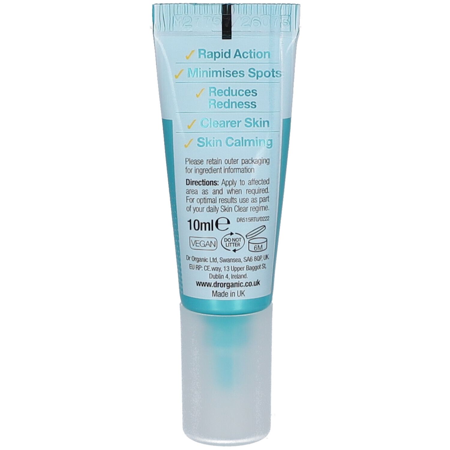 Achterkant van de huidverzorgingsgel tube. Tekst: Rapid Action, Minimises Spots, Reduces Redness, Clearer Skin, Skin Calming. 10ml.