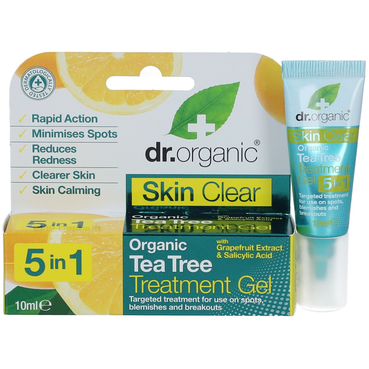 Verpakking met huidverzorgingsgel tube. Opschrift: dr.organic Skin Clear Organic Tea Tree Treatment Gel 5 in 1. Met citroen illustratie.