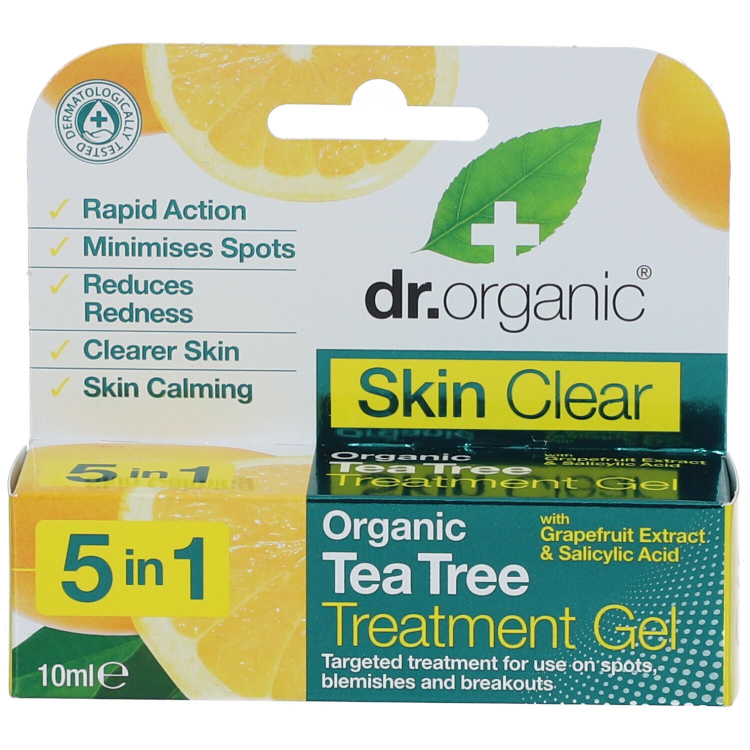 Verpakking met huidverzorgingsgel. Opschrift: dr.organic Skin Clear Organic Tea Tree Treatment Gel 5 in 1. Met citroen illustratie.