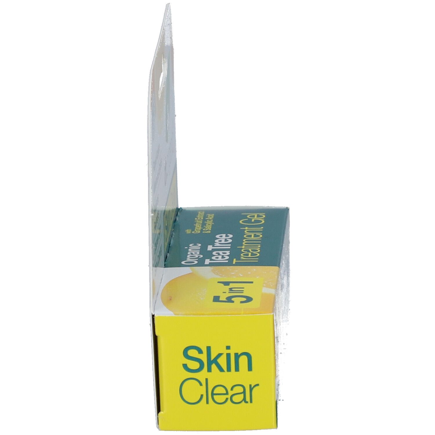 Zijaanzicht van de verpakking. Opschrift: dr.organic Skin Clear Organic Tea Tree Treatment Gel 5 in 1. Met citroen illustratie.
