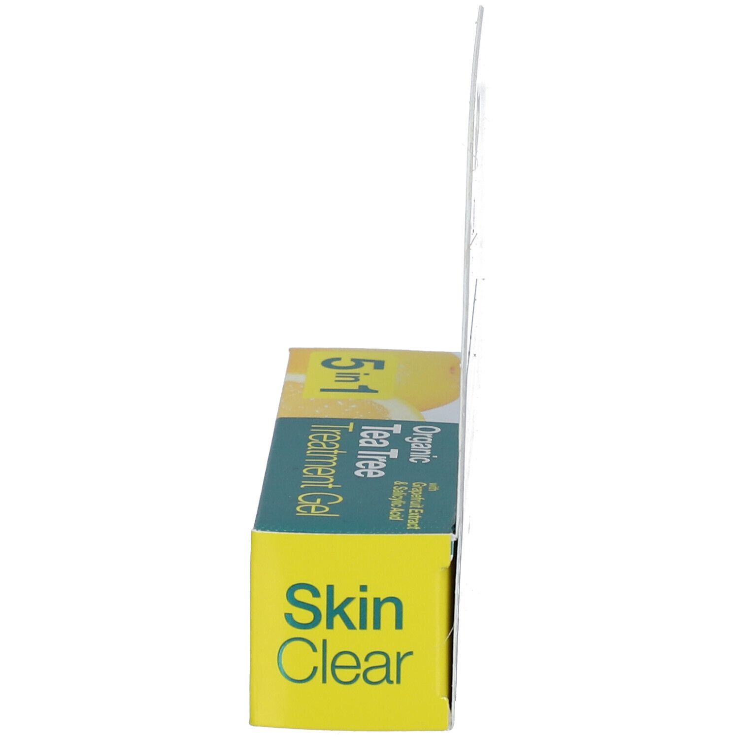 Zijaanzicht van de verpakking. Opschrift: dr.organic Skin Clear Organic Tea Tree Treatment Gel 5 in 1. Met citroen illustratie.