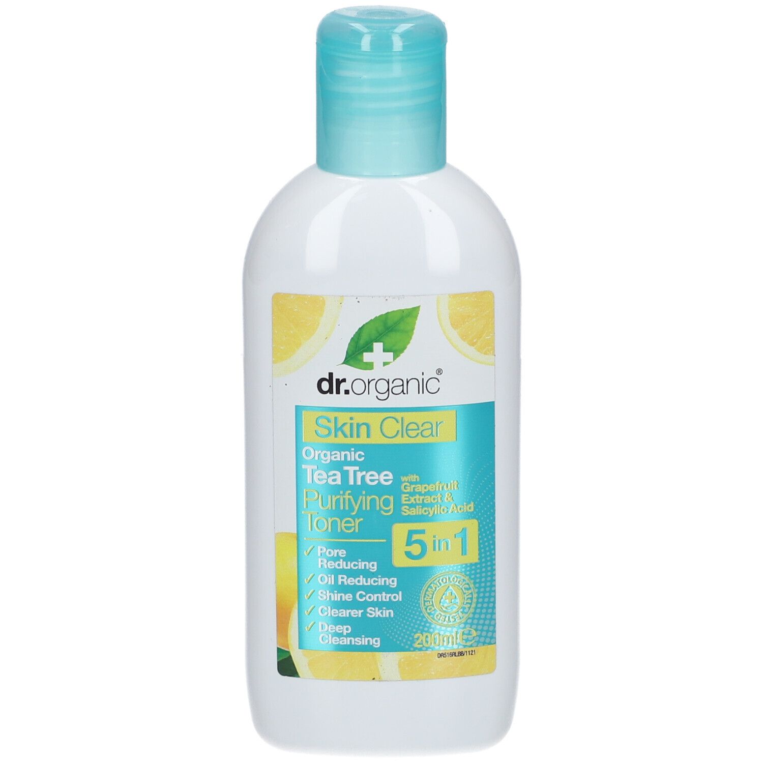 Flacon blanc avec bouchon bleu. Étiquette avec nom du produit, feuilles vertes et citrons. Texte : Skin Clear, 5 en 1.
