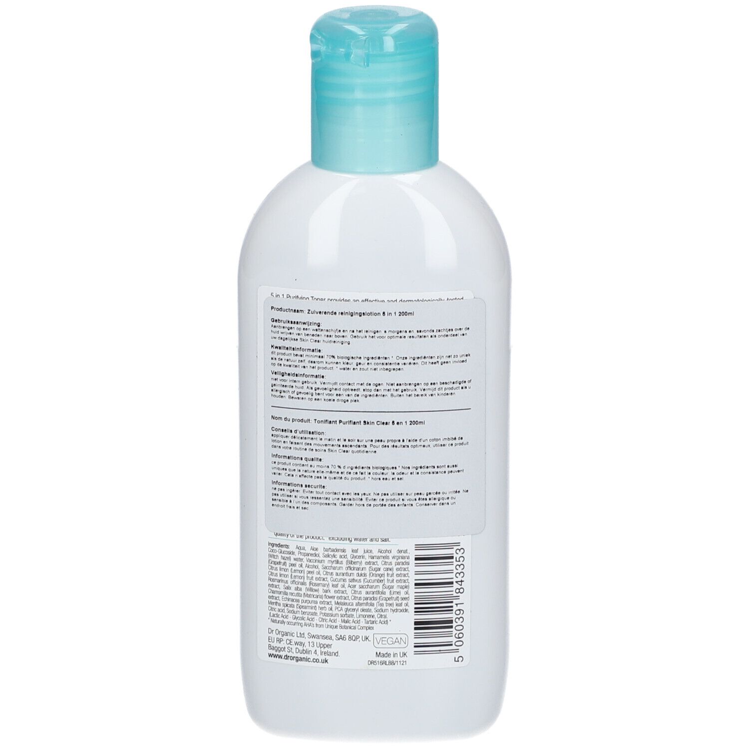 Dos d'un flacon blanc avec bouchon bleu. Texte sur l'étiquette. Contient des informations sur le produit et un code-barres.