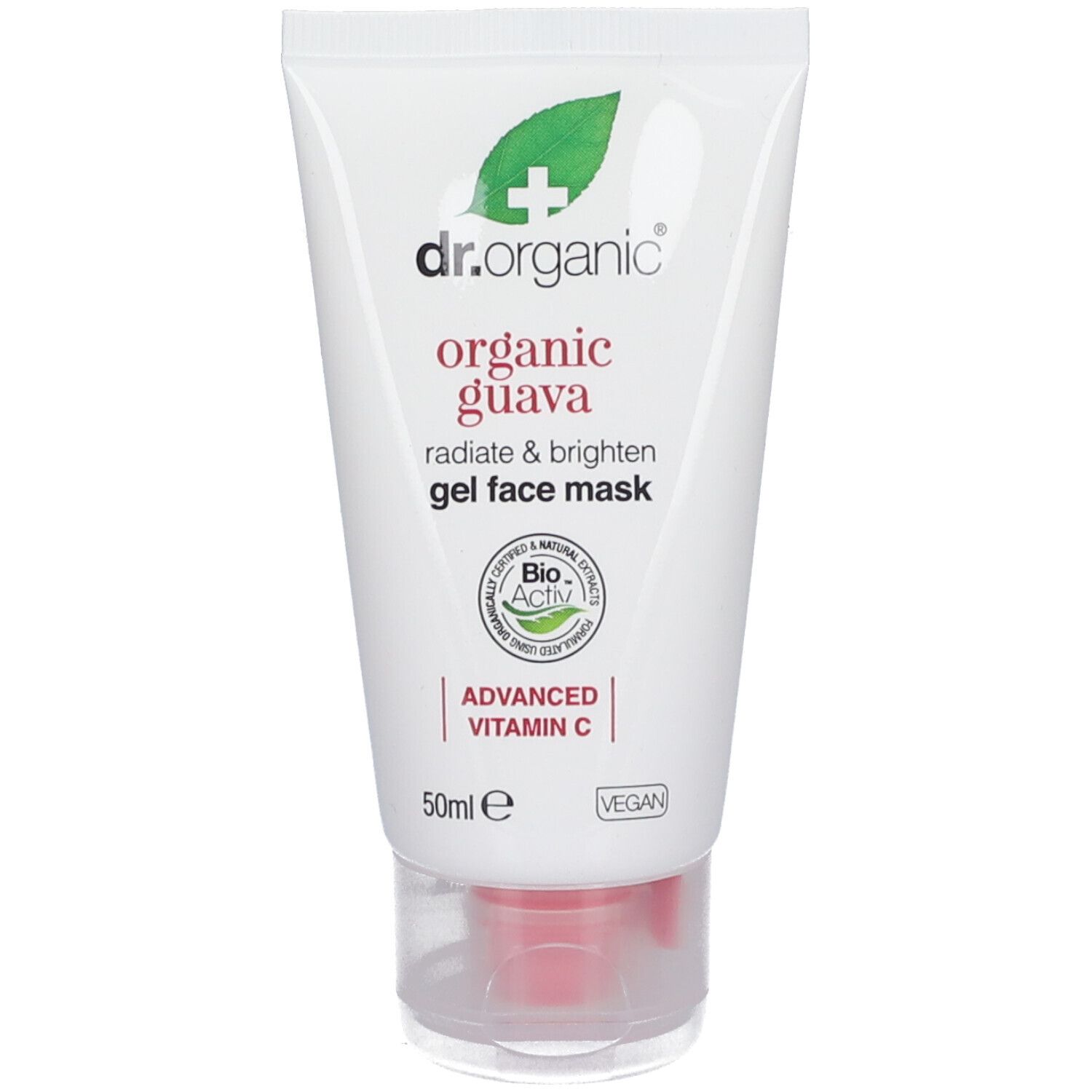 Weiße Tube mit grünem Logo und Schriftzug. Produktname: organic guava gel face mask. Enthält Vitamin C. Vegan.
