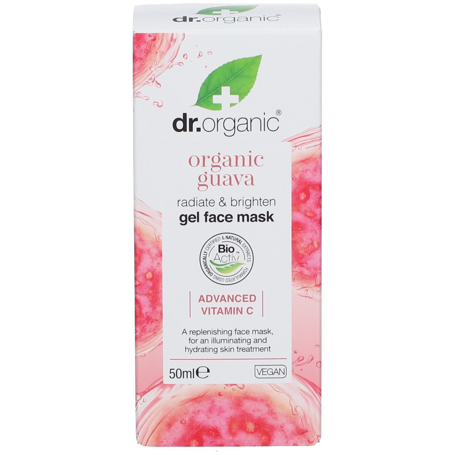 Produktverpackung. Weiß mit rosa Guaven-Motiv. Enthält grünes Logo und Schriftzug. Produktname: organic guava gel face mask.