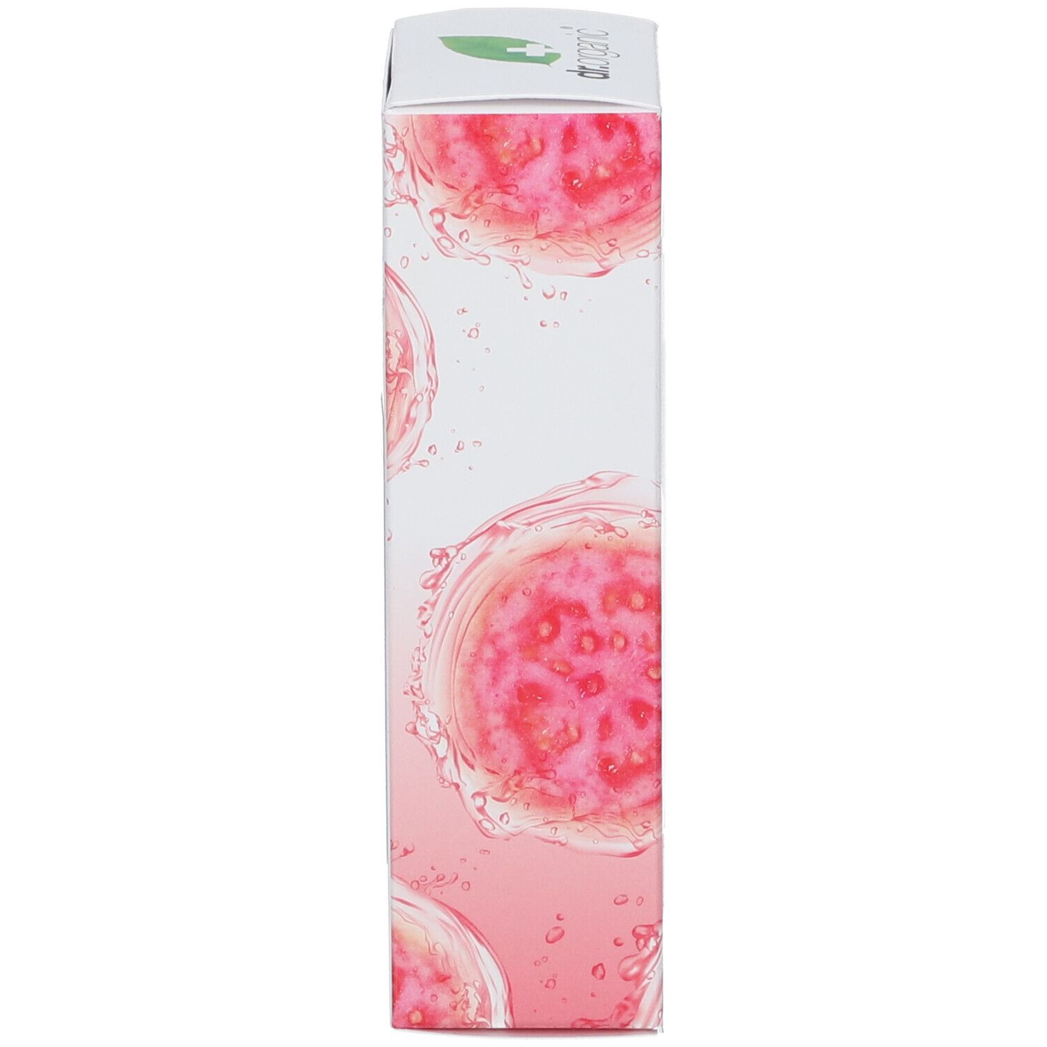 Schmale Seite der Produktverpackung. Rosa Guaven-Motiv. Enthält grünes Logo und Schriftzug. Produktname: organic guava gel face mask.