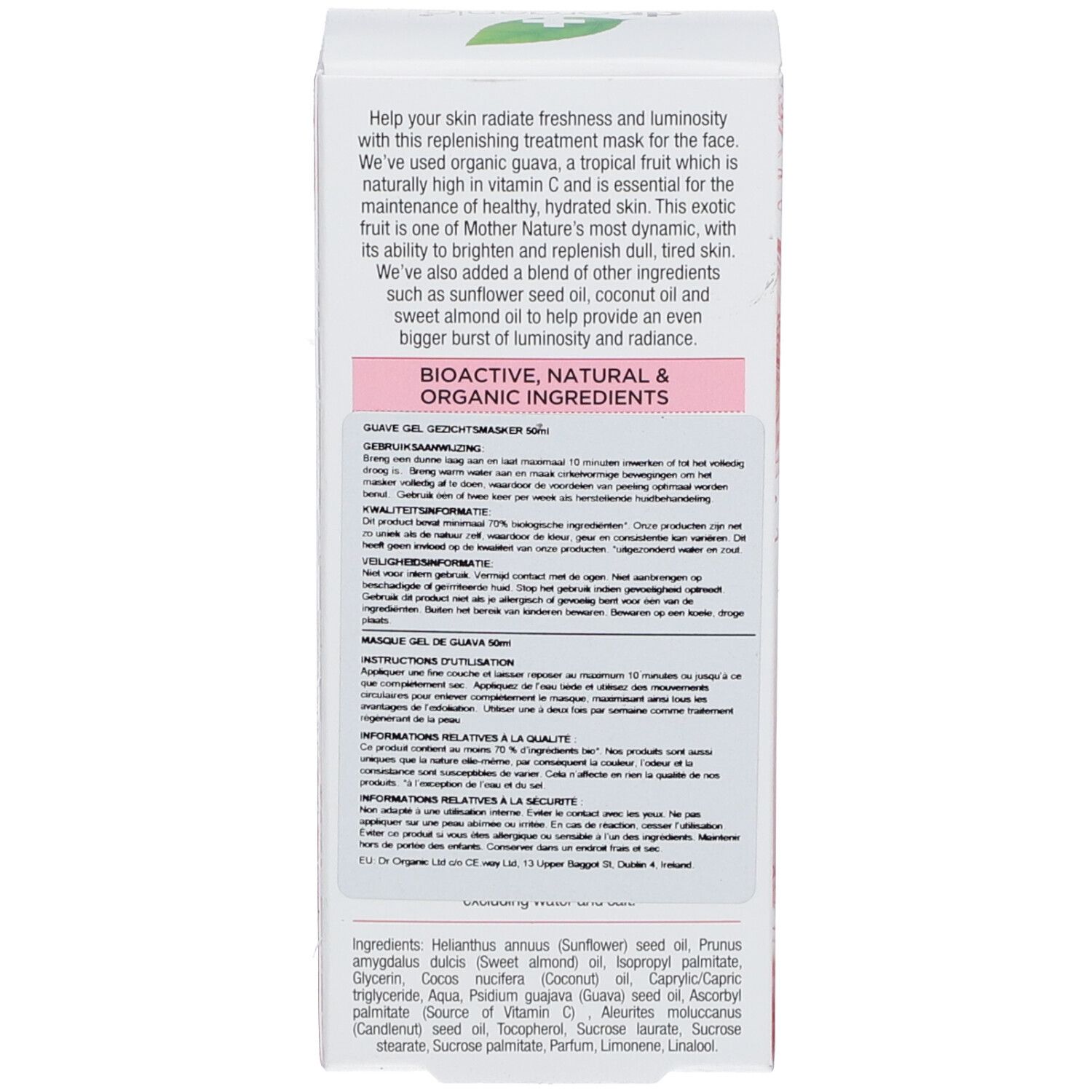 Rückseite der Produktverpackung. Text in mehreren Sprachen. Enthält Informationen zur Anwendung und Inhaltsstoffe. Vegan-Siegel.
