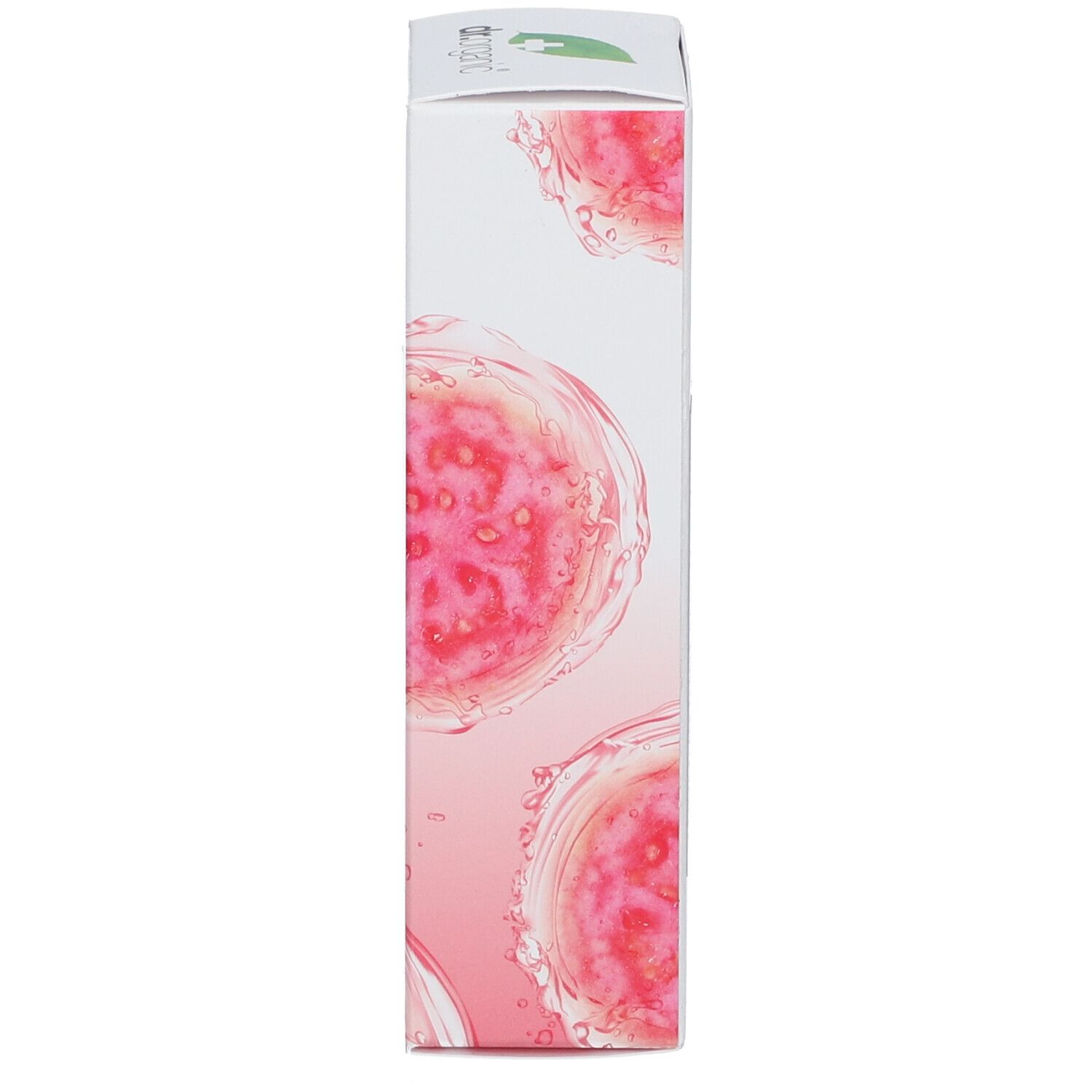Schmale Seite der Produktverpackung. Rosa Guaven-Motiv. Enthält grünes Logo und Schriftzug. Produktname: organic guava gel face mask.
