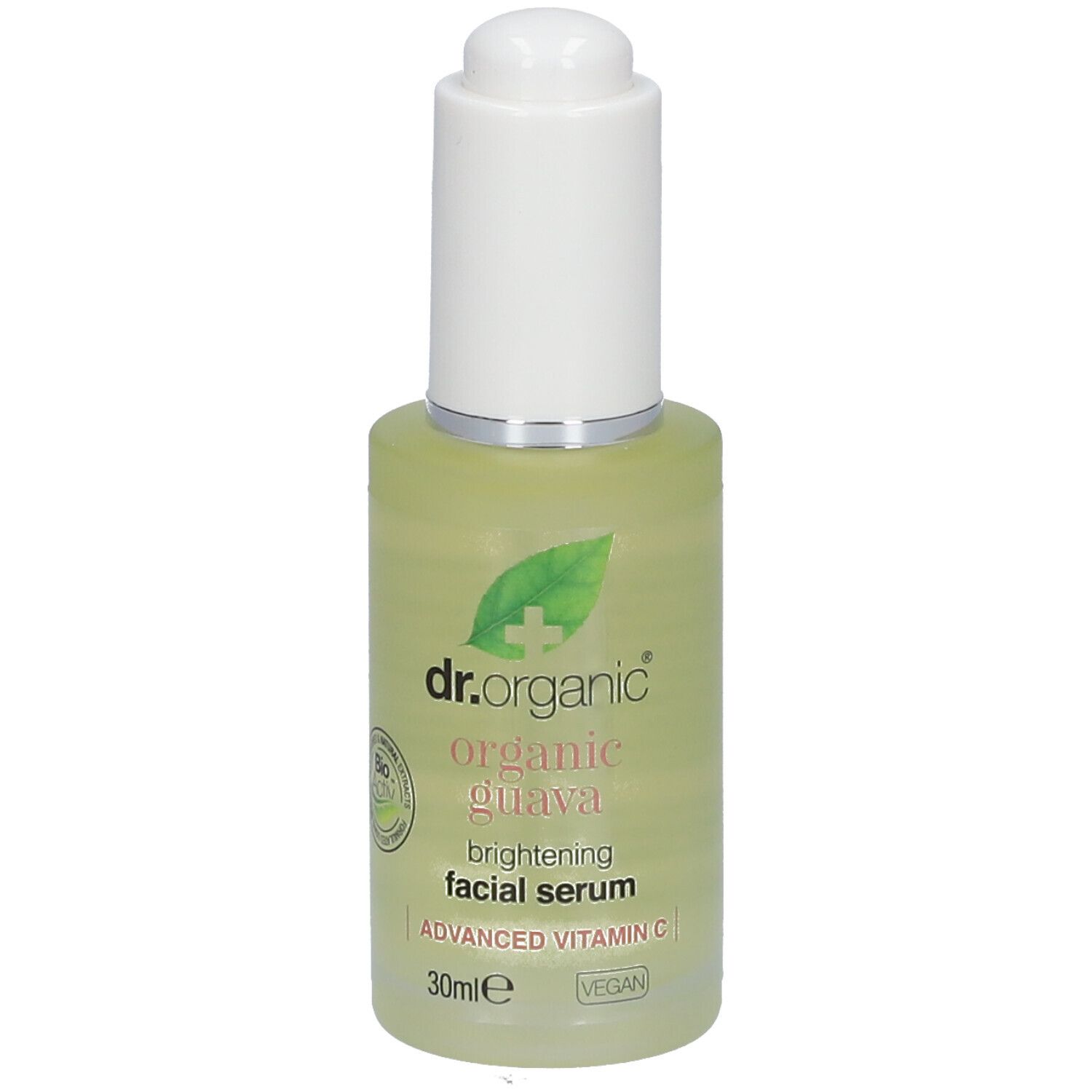 Serumfles met witte dop. Opschrift: dr.organic, organic guava, brightening facial serum, Advanced Vitamin C, 30ml, Vegan.