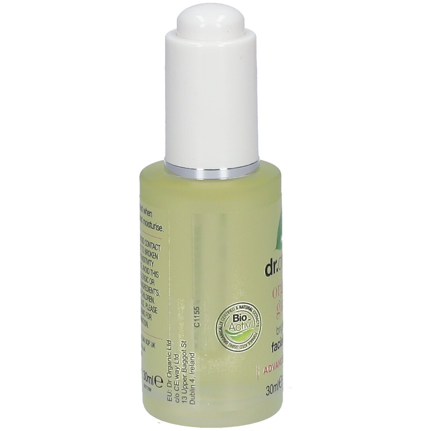 Serumfles met witte dop. Opschrift: dr.organic, organic guava, brightening facial serum, Advanced Vitamin C, 30ml, Vegan. Tekst op achterkant.
