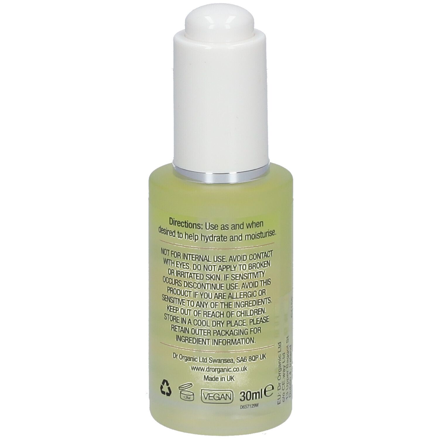 Serumfles met witte dop. Achterkant met tekst. Opschrift: dr.organic, organic guava, brightening facial serum, Advanced Vitamin C, 30ml, Vegan.
