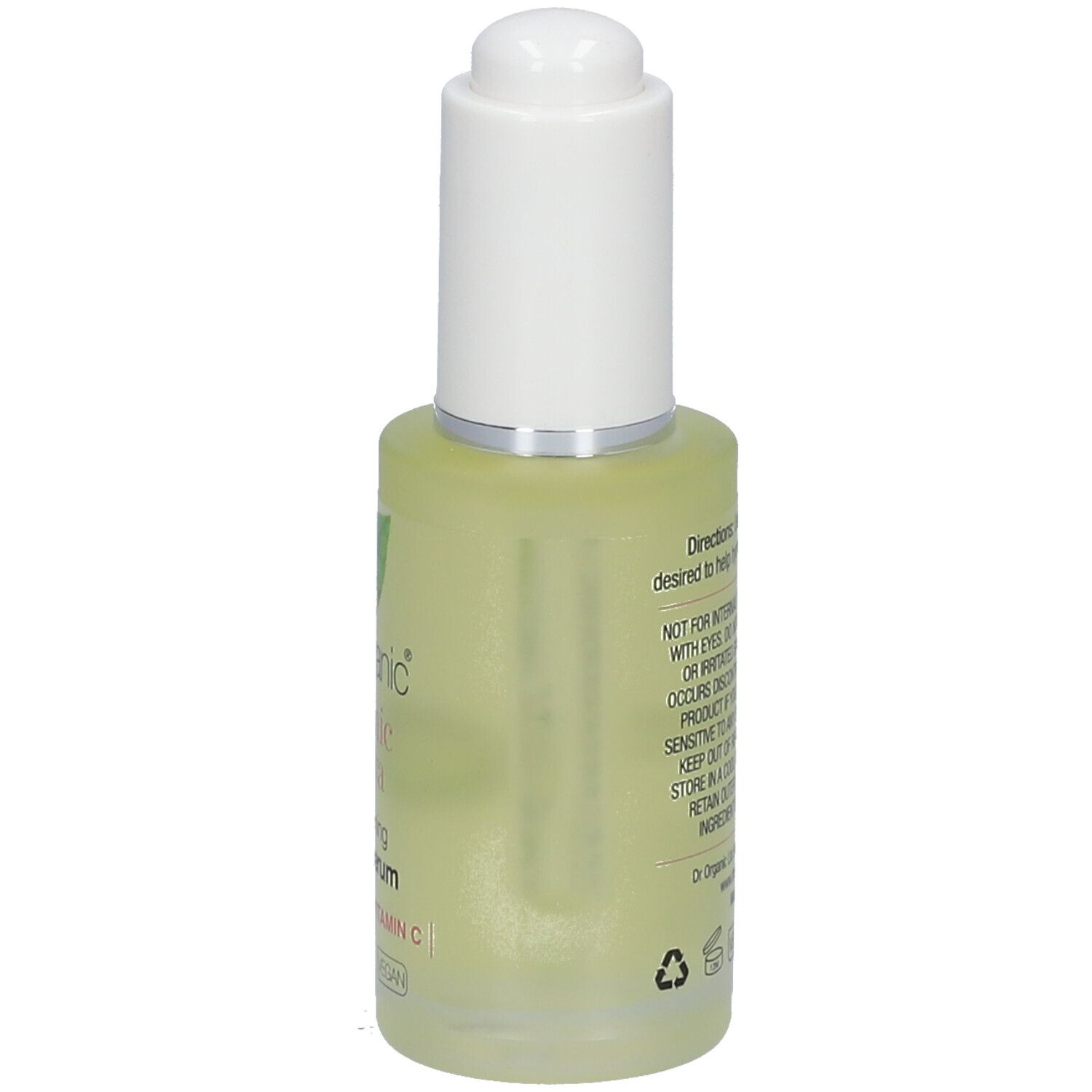 Serumfles met witte dop. Achterkant met tekst. Opschrift: dr.organic, organic guava, brightening facial serum, Advanced Vitamin C, 30ml, Vegan.