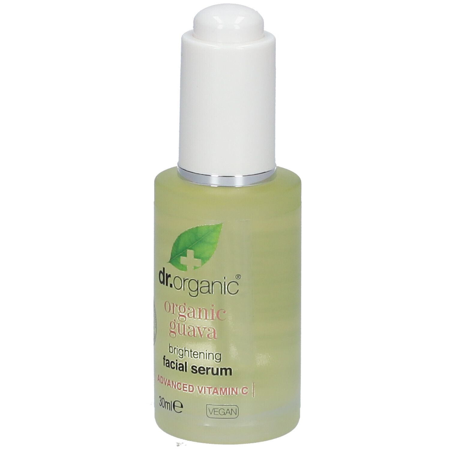 Serumfles met witte dop. Opschrift: dr.organic, organic guava, brightening facial serum, Advanced Vitamin C, 30ml, Vegan.
