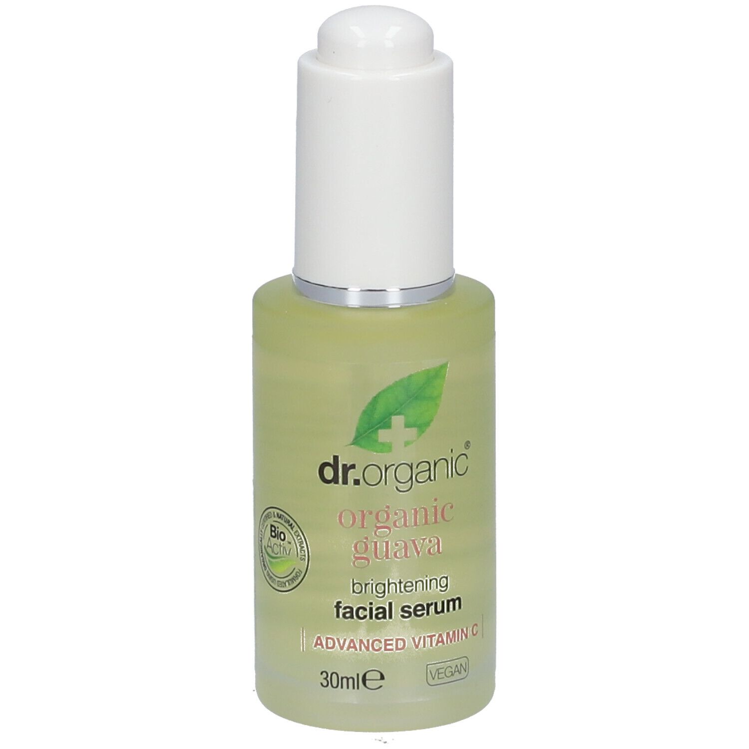 Serumfles met witte dop. Opschrift: dr.organic, organic guava, brightening facial serum, Advanced Vitamin C, 30ml, Vegan.