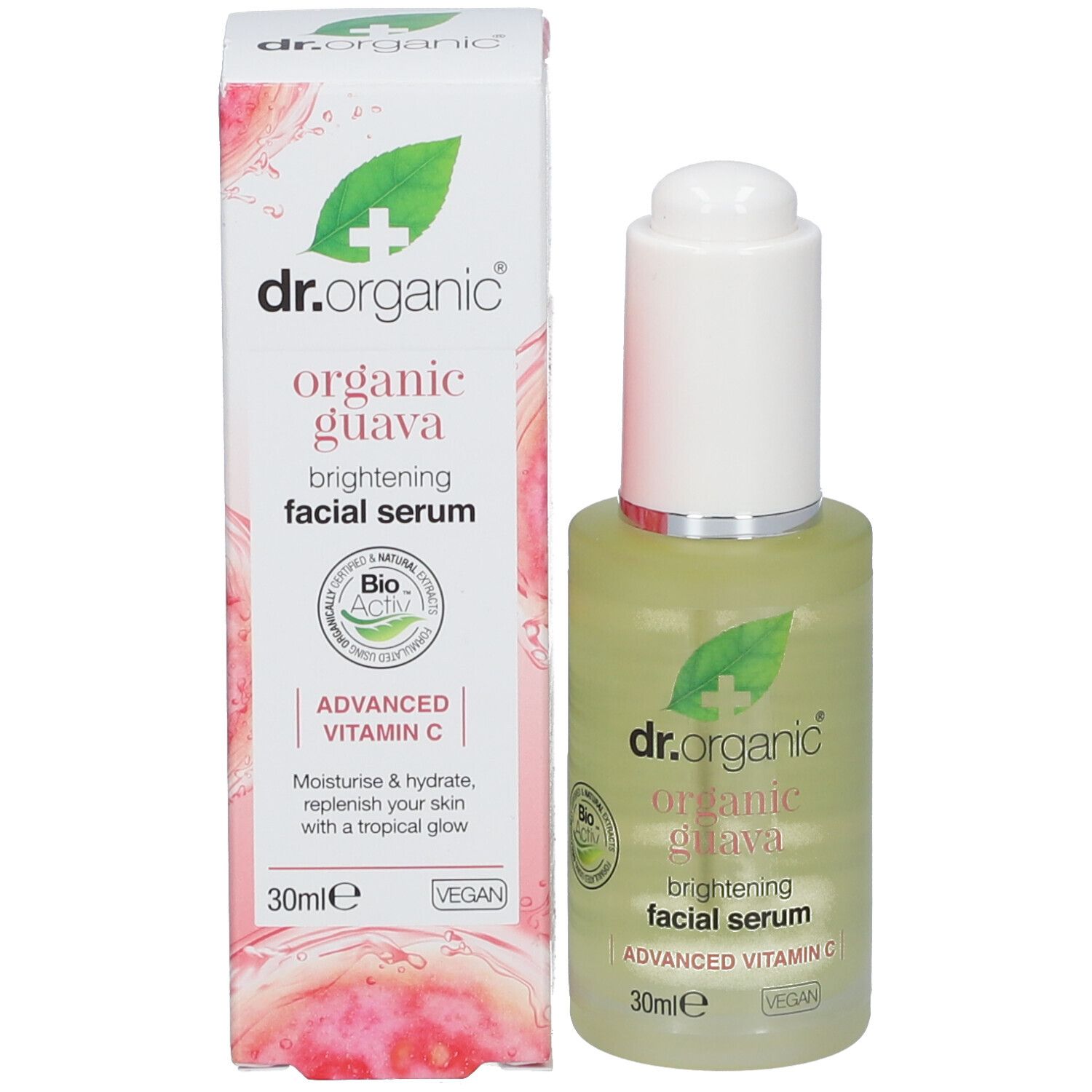 Serumfles en verpakking. Opschrift: dr.organic, organic guava, brightening facial serum, Advanced Vitamin C, 30ml, Vegan. Verpakking met afbeelding.