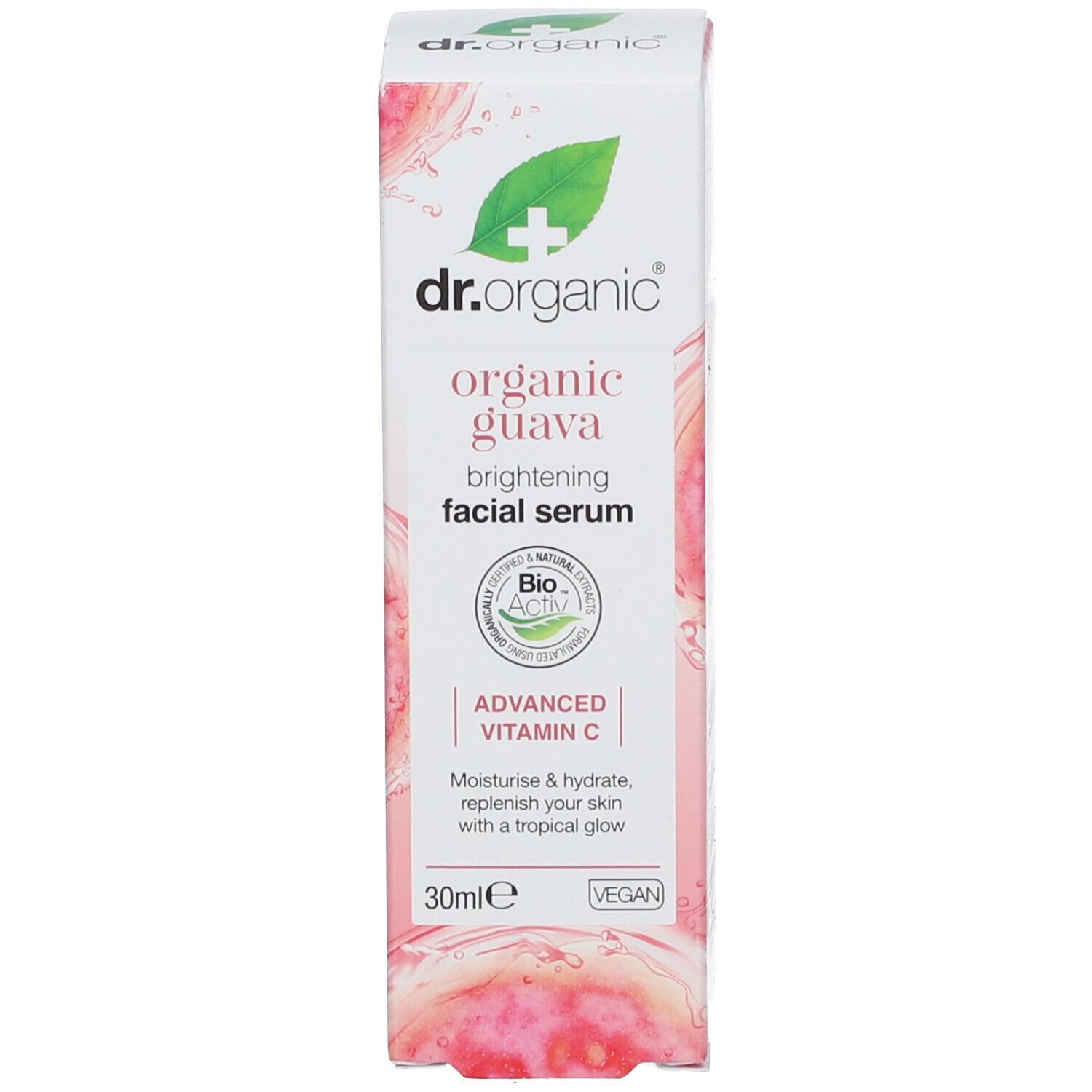 Verpakking. Opschrift: dr.organic, organic guava, brightening facial serum, Advanced Vitamin C, 30ml, Vegan. Verpakking met afbeelding.