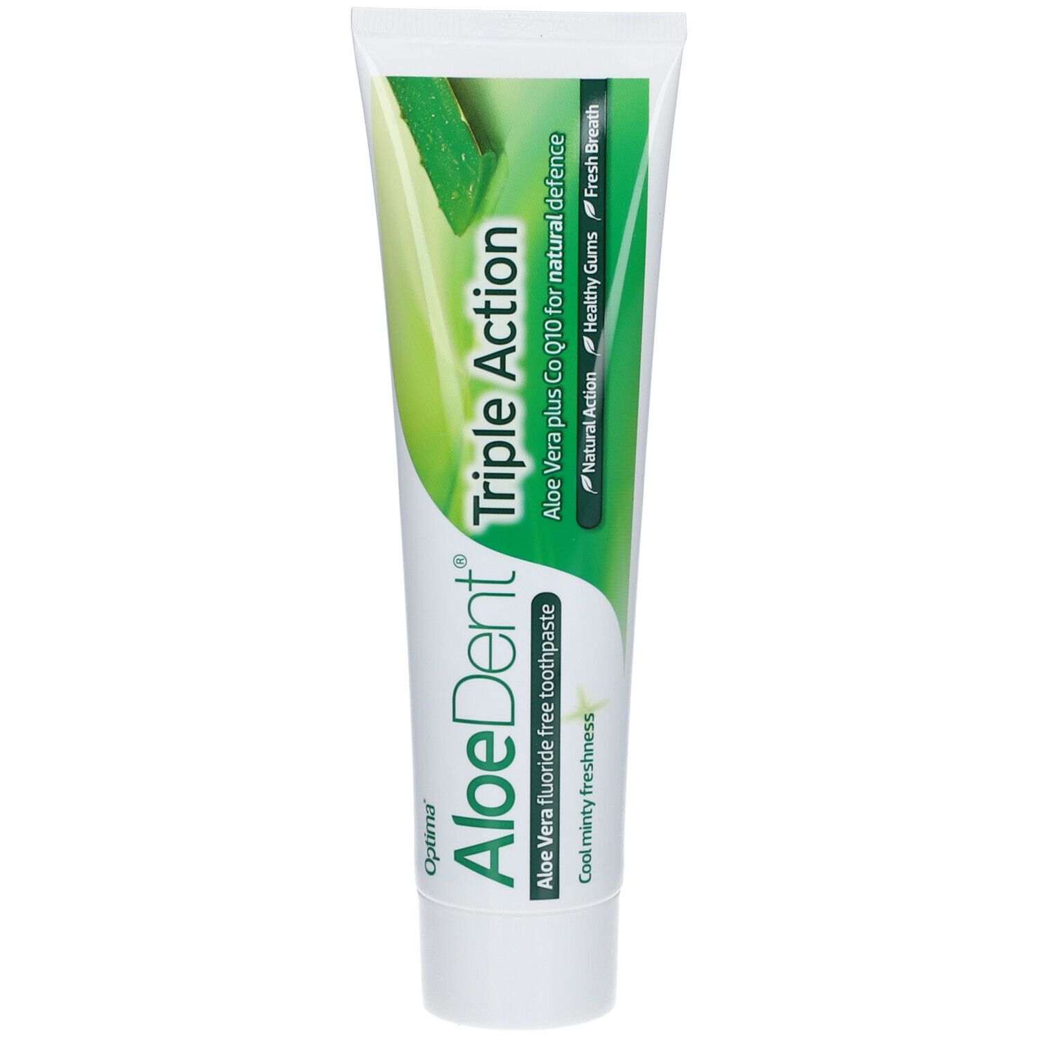 Tube de dentifrice blanche et verte. Texte: AloeDent Triple Action, Aloe Vera, Cool Minty Freshness.